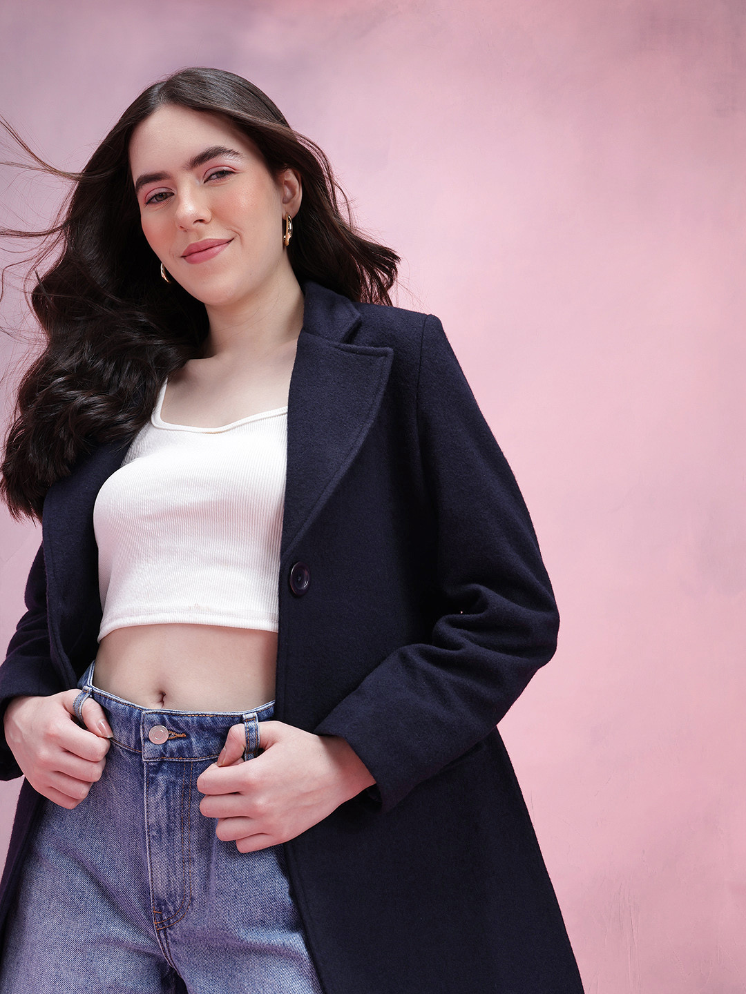 DressBerry Notched Lapel Collar Double-Breasted Front-Open Coat