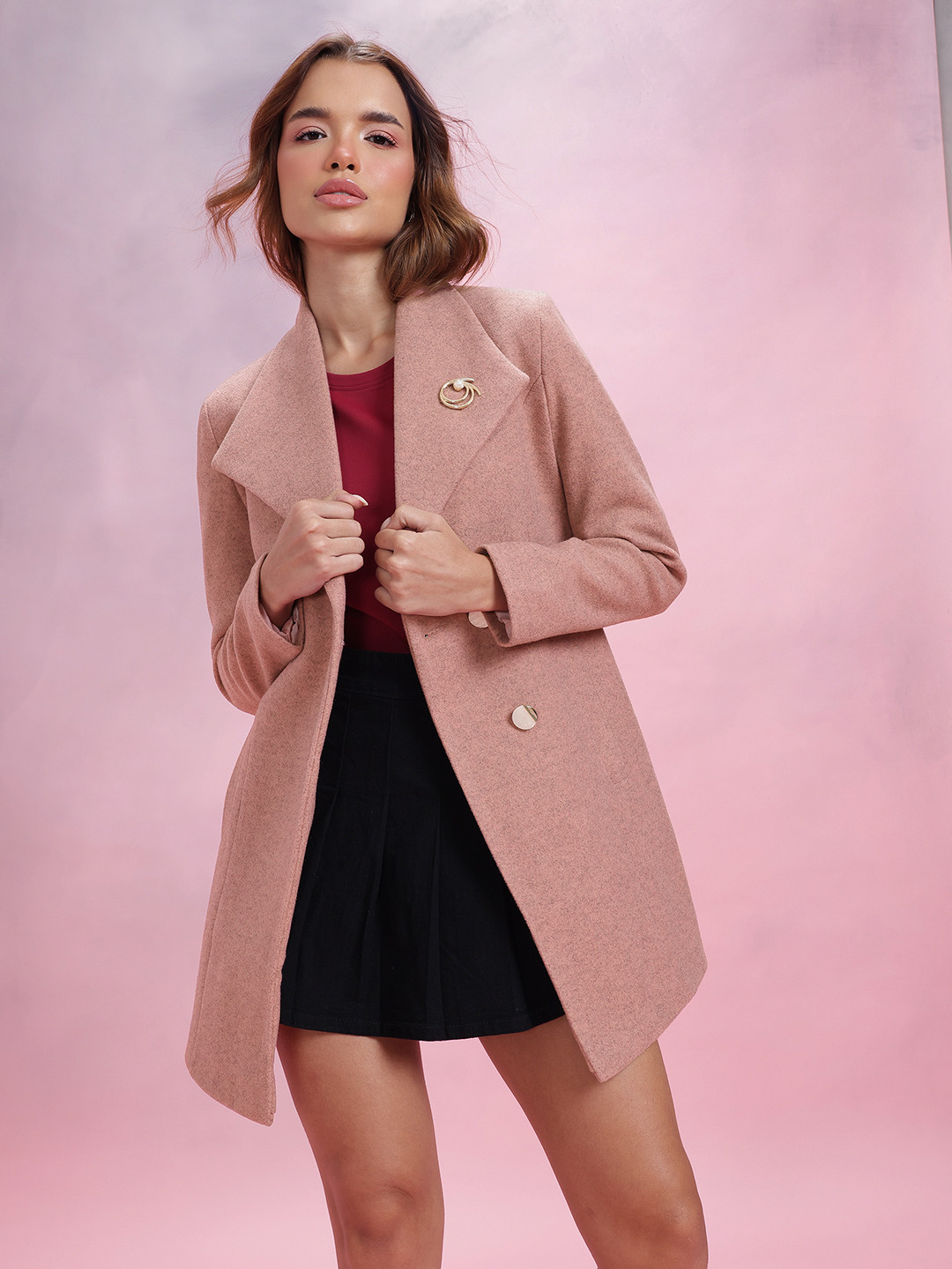 DressBerry Lapel Collar Grindle Effect Single-Breasted Overcoat