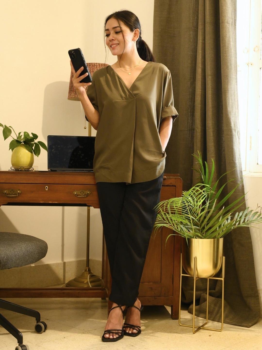 Saltpetre Women Olive V-neck Top With Pant Co-ord Set