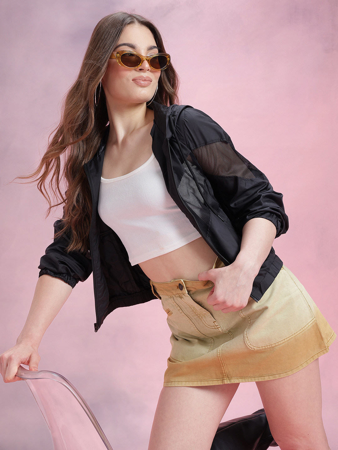 DressBerry Mesh Inserts Hooded Bomber Jacket