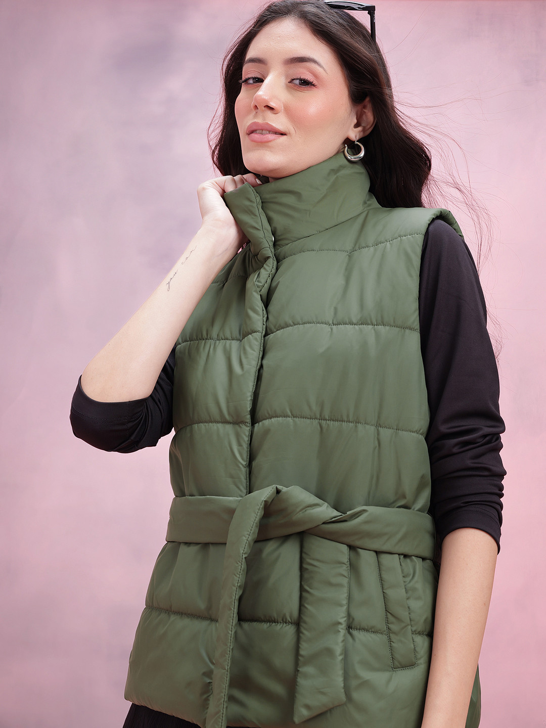 DressBerry Women Belted Padded Gilet Jacket