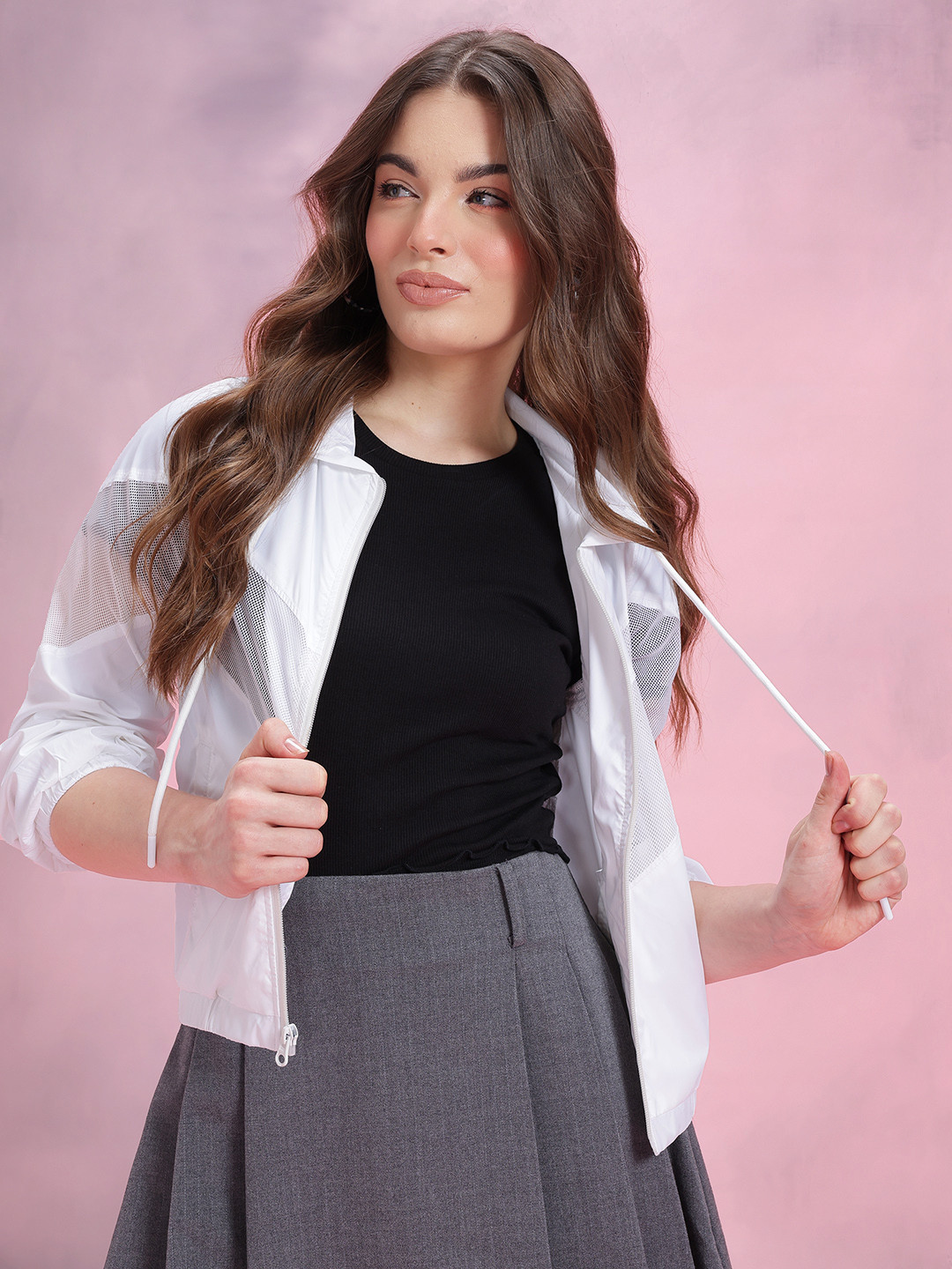 DressBerry Mesh Inserts Hooded Bomber jacket