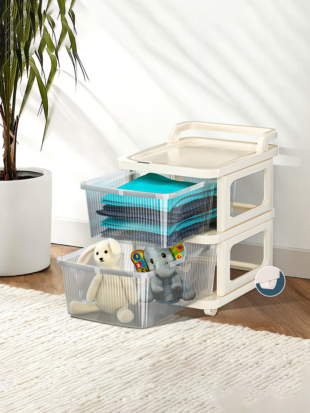 Kuber Industries 2 Layer Ivory Modular Wheels Transparent Storage Drawer Organizer