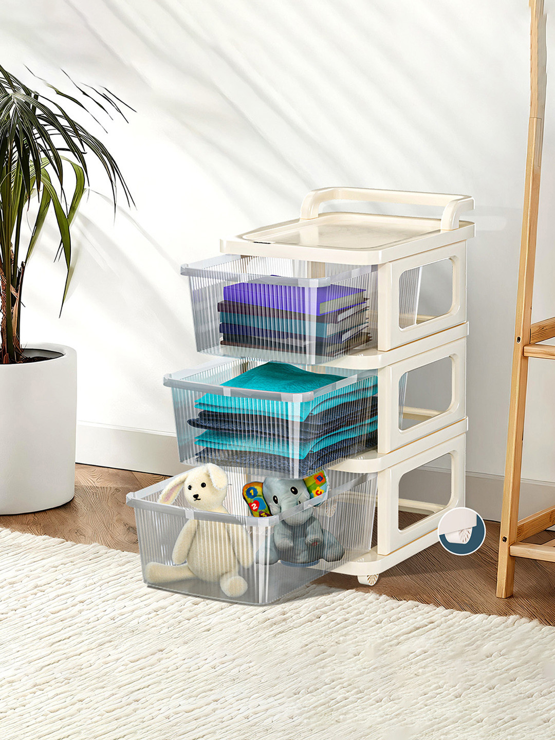 Kuber Industries Transparent Ivory 3 Layer Modular Storage Drawer Organizer with Wheels