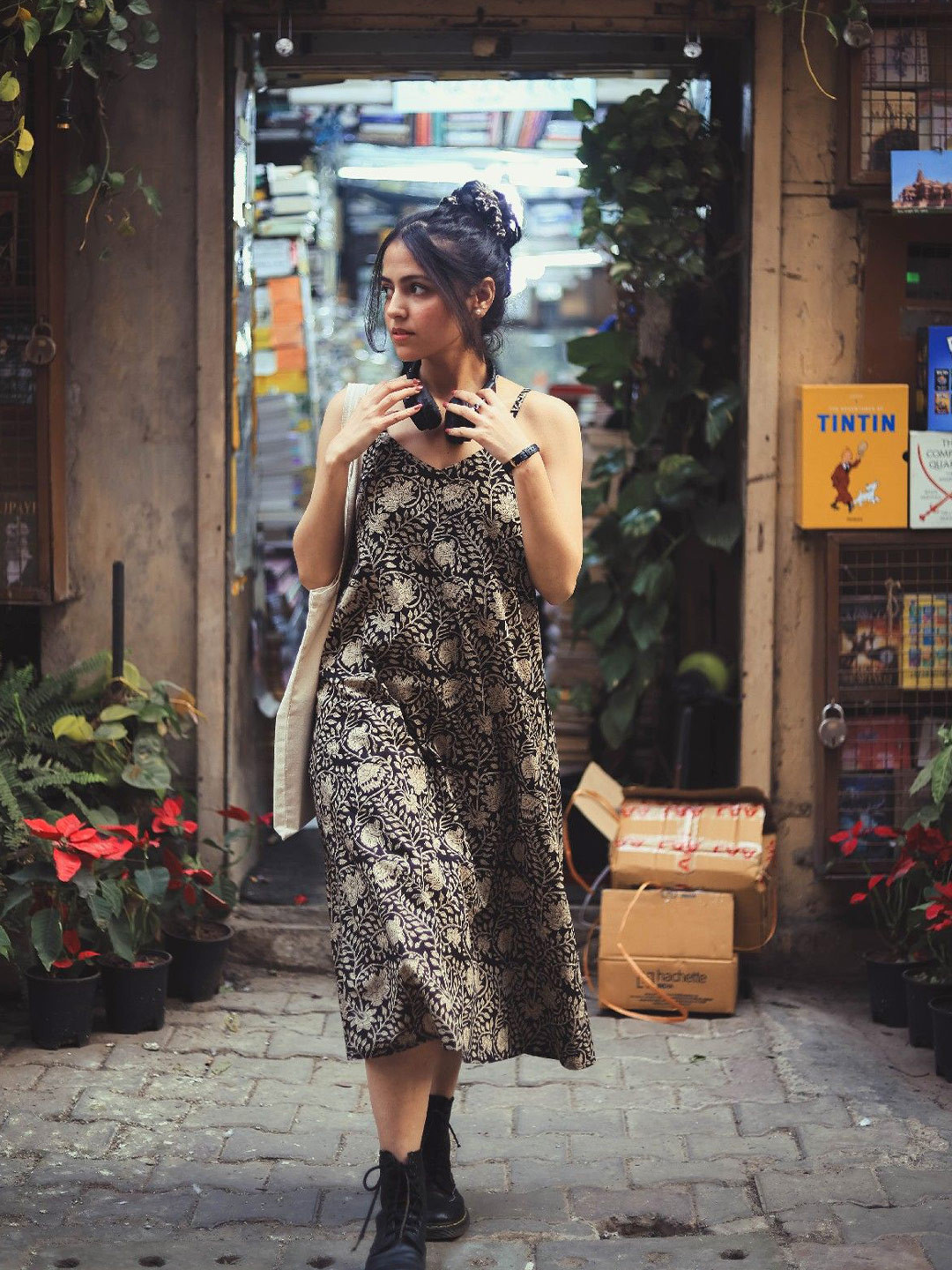 ODHANON Women Black & Gold Hand Block Floral Printed Cotton A-Line Midi Dress