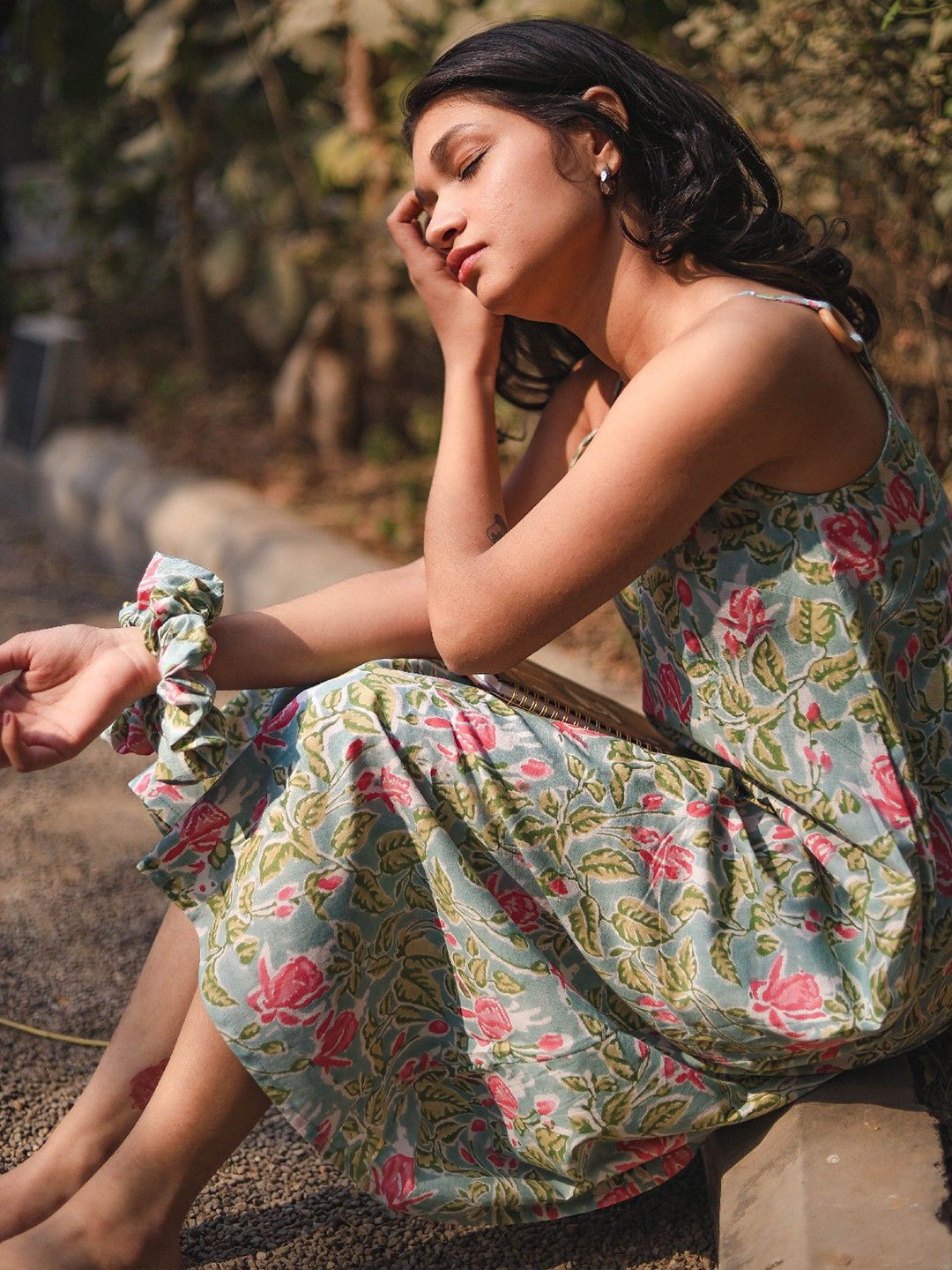 ODHANON Hand Block Printed Blue and Green Floral Printed Cotton Casual Dress