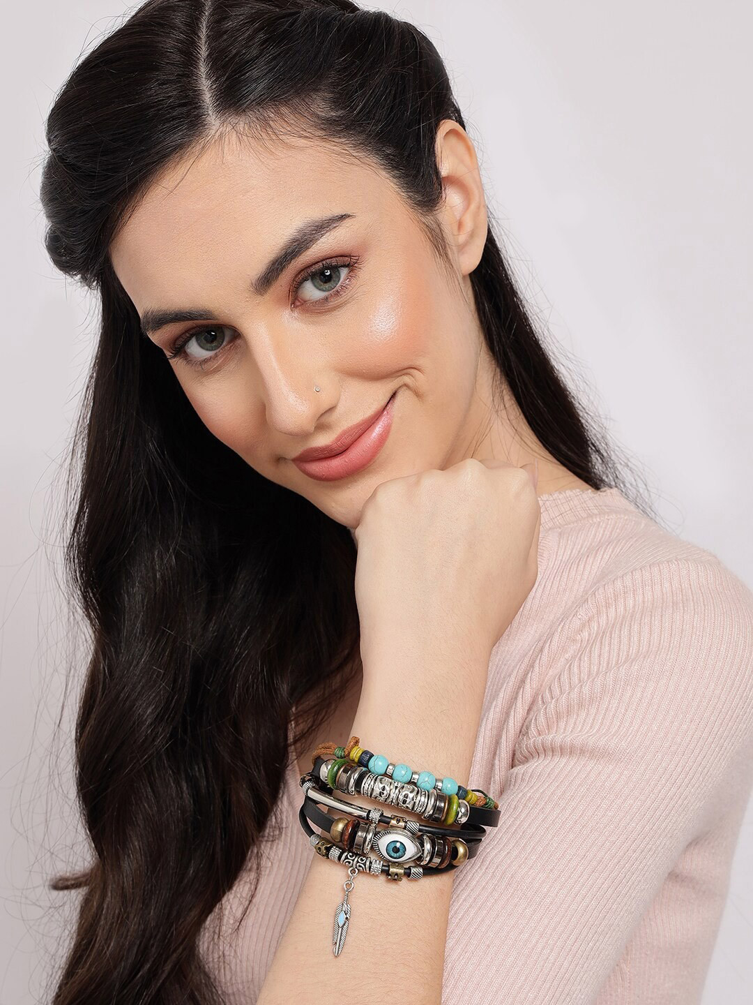 PASU FASHION Set Of 5 Leather Evil-Eye Wraparound Bracelet