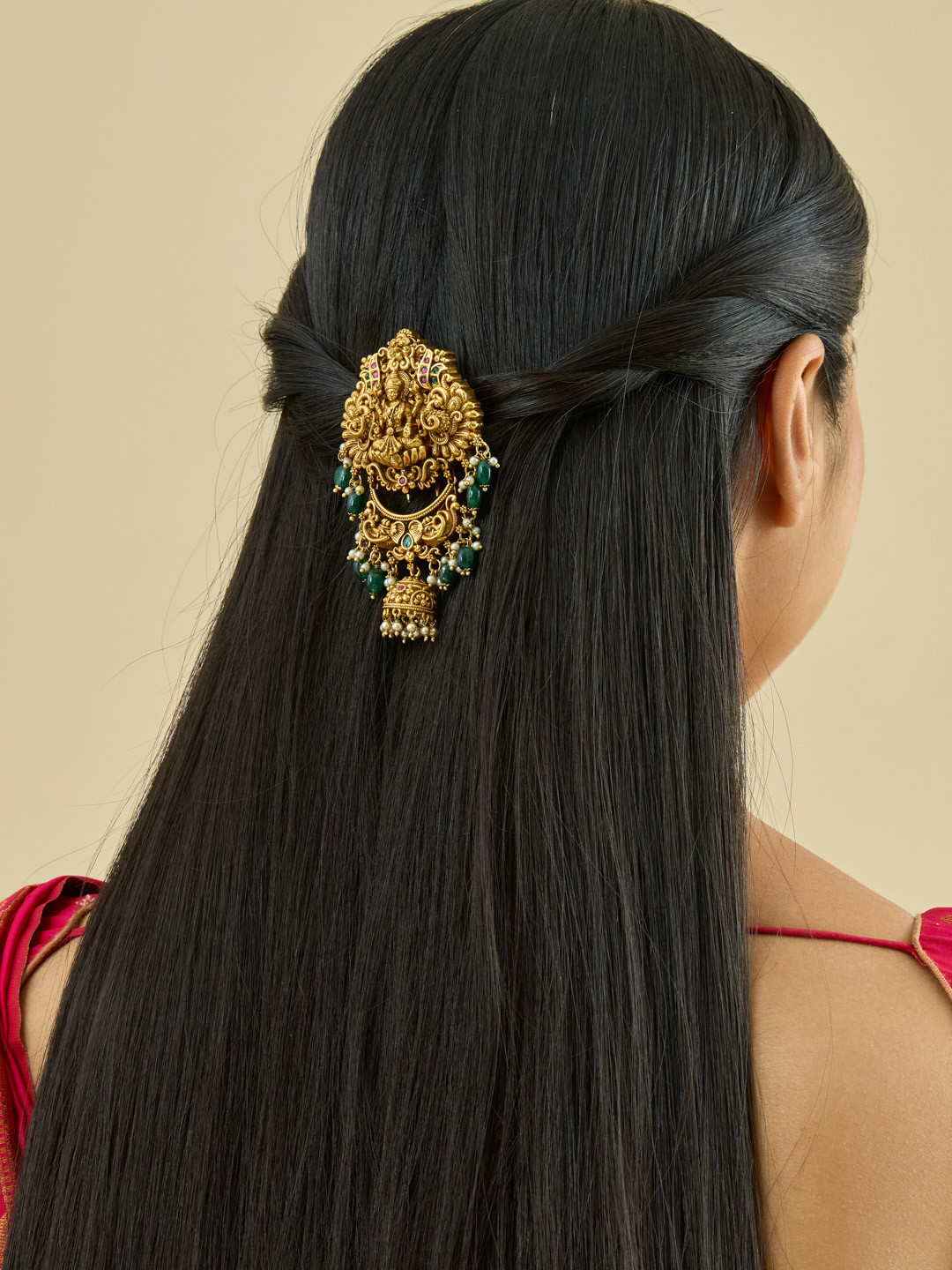 Kushal's Fashion Jewellery Women Ruby-Green Gold-Plated Ethnic Antique Hair Broach