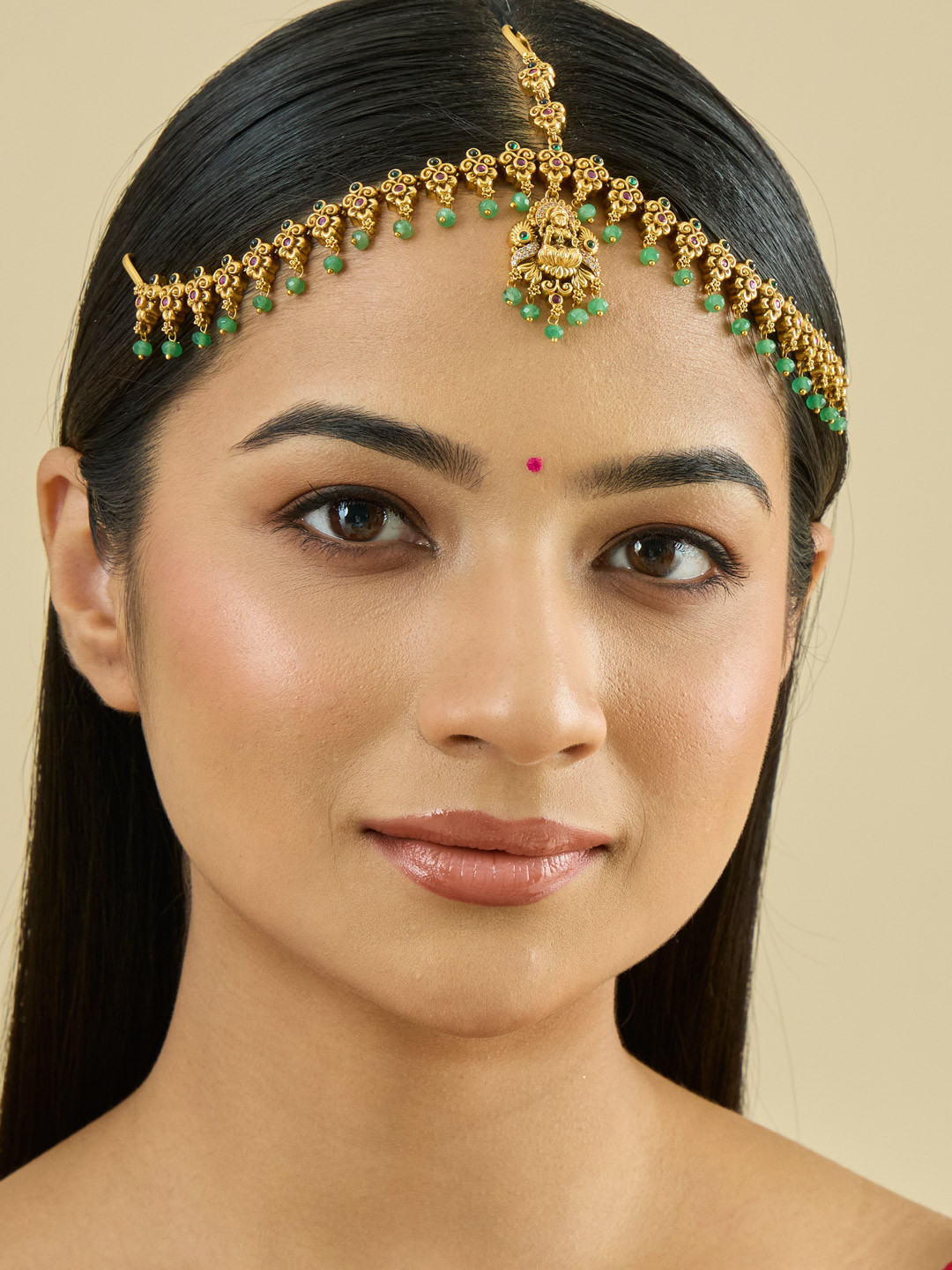 Kushal's Fashion Jewellery Gold-Plated Ruby Studded Maang Tikka Head Jewellery