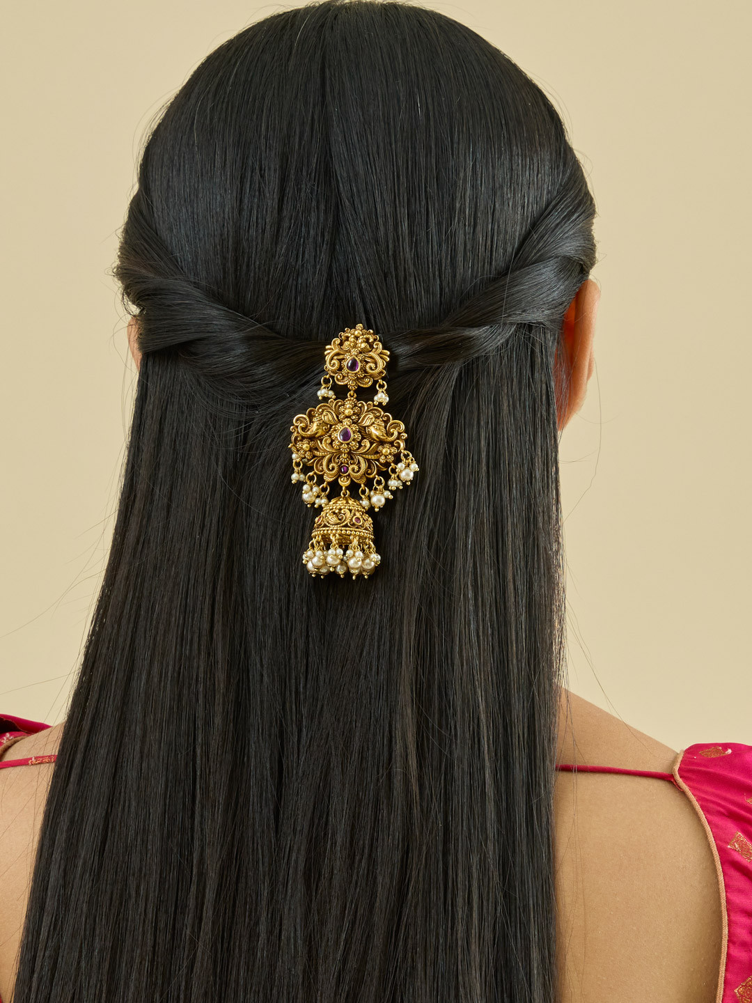 Kushal's Fashion Jewellery Women Ruby Gold-Plated Ethnic Antique Hair Broach