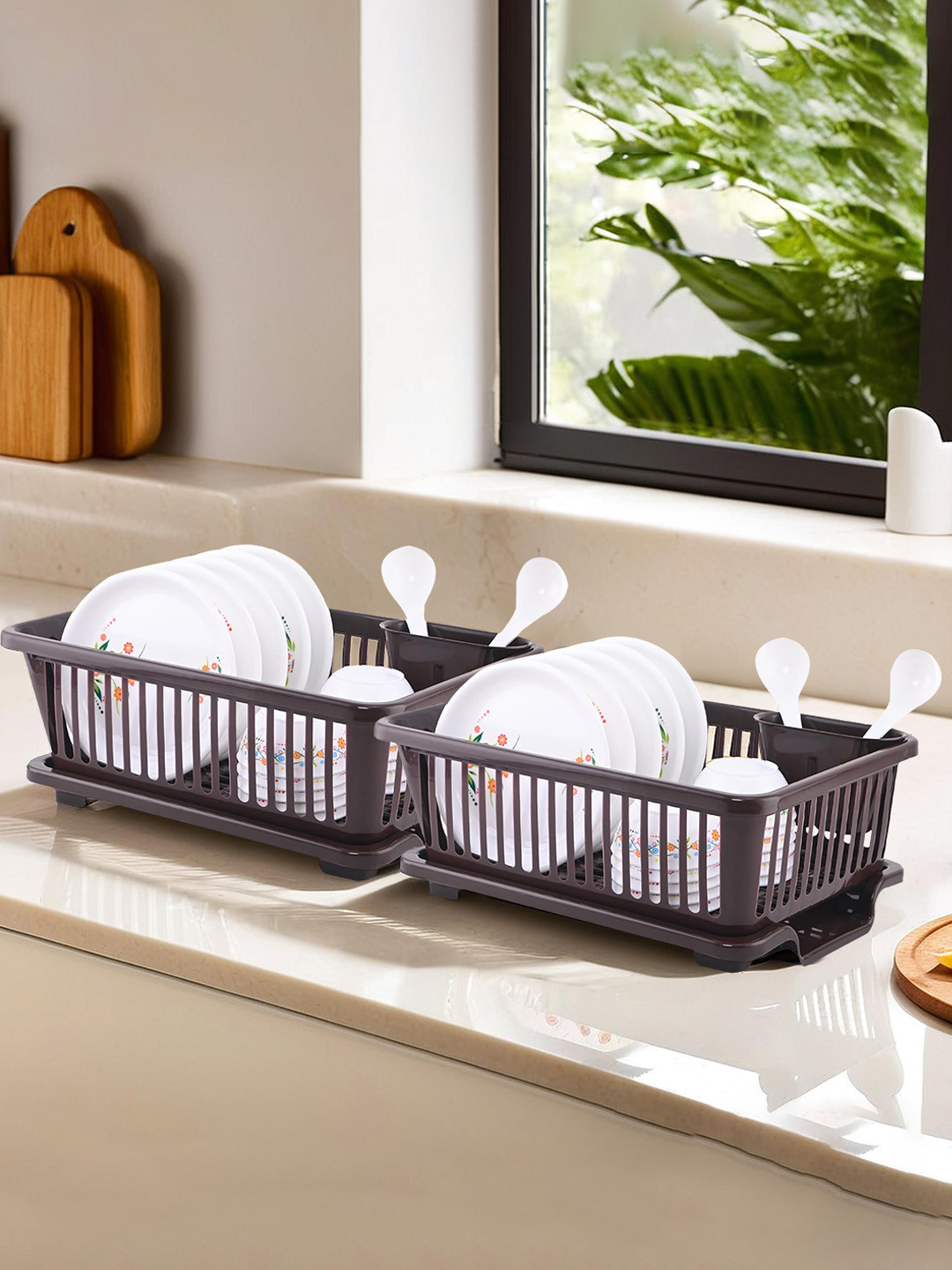 Kuber Industries Set of 2 Brown Plastic Kitchen Dish Rack with Drainer Drying Rack