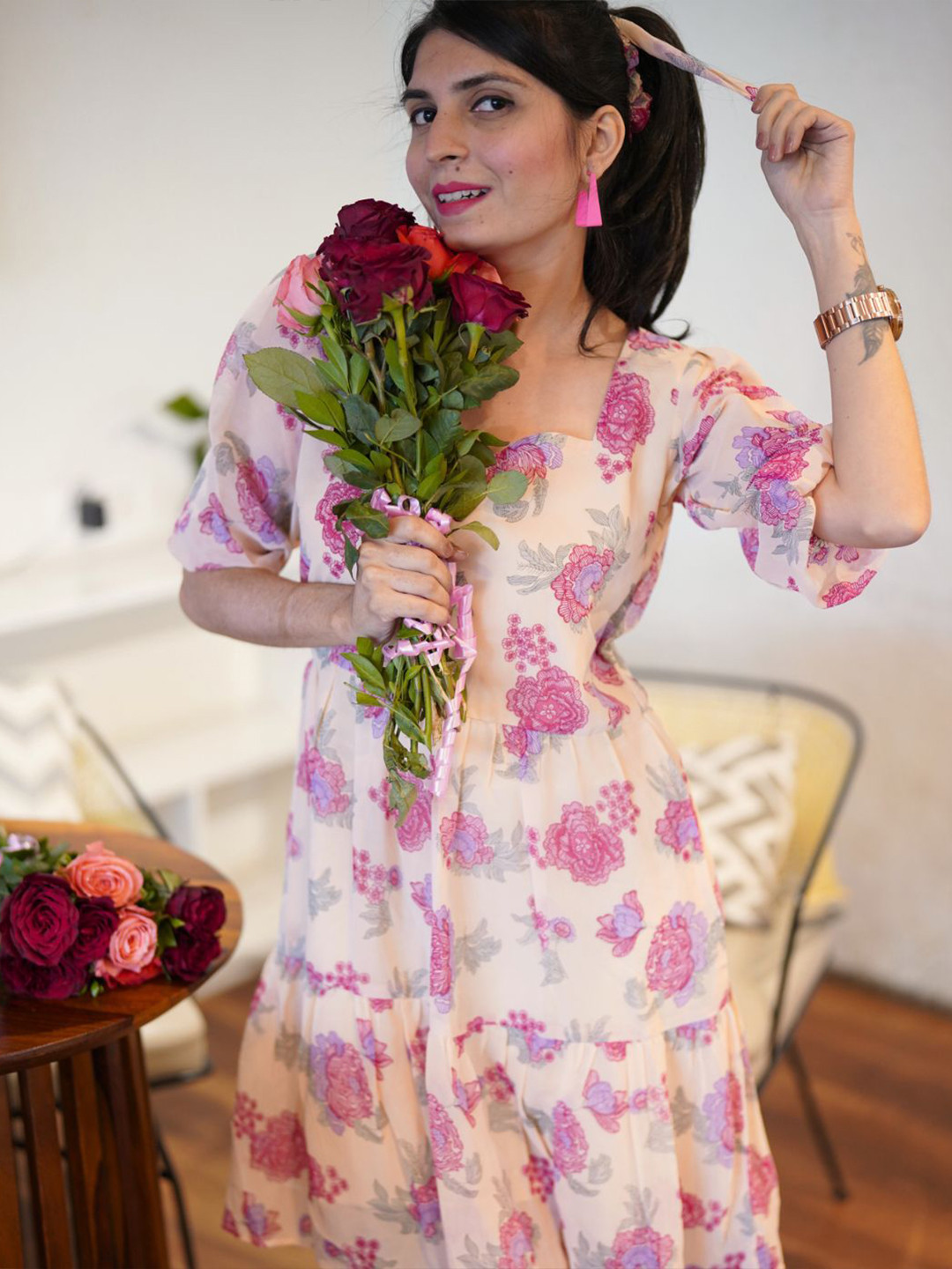 KALINI Floral Printed Georgette Fit & Flare Ethnic Dress With Matching Srunchy