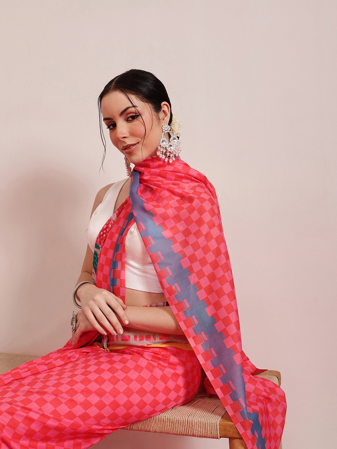 Silk Land Checked Digital Printed Cotton Mulmul Saree