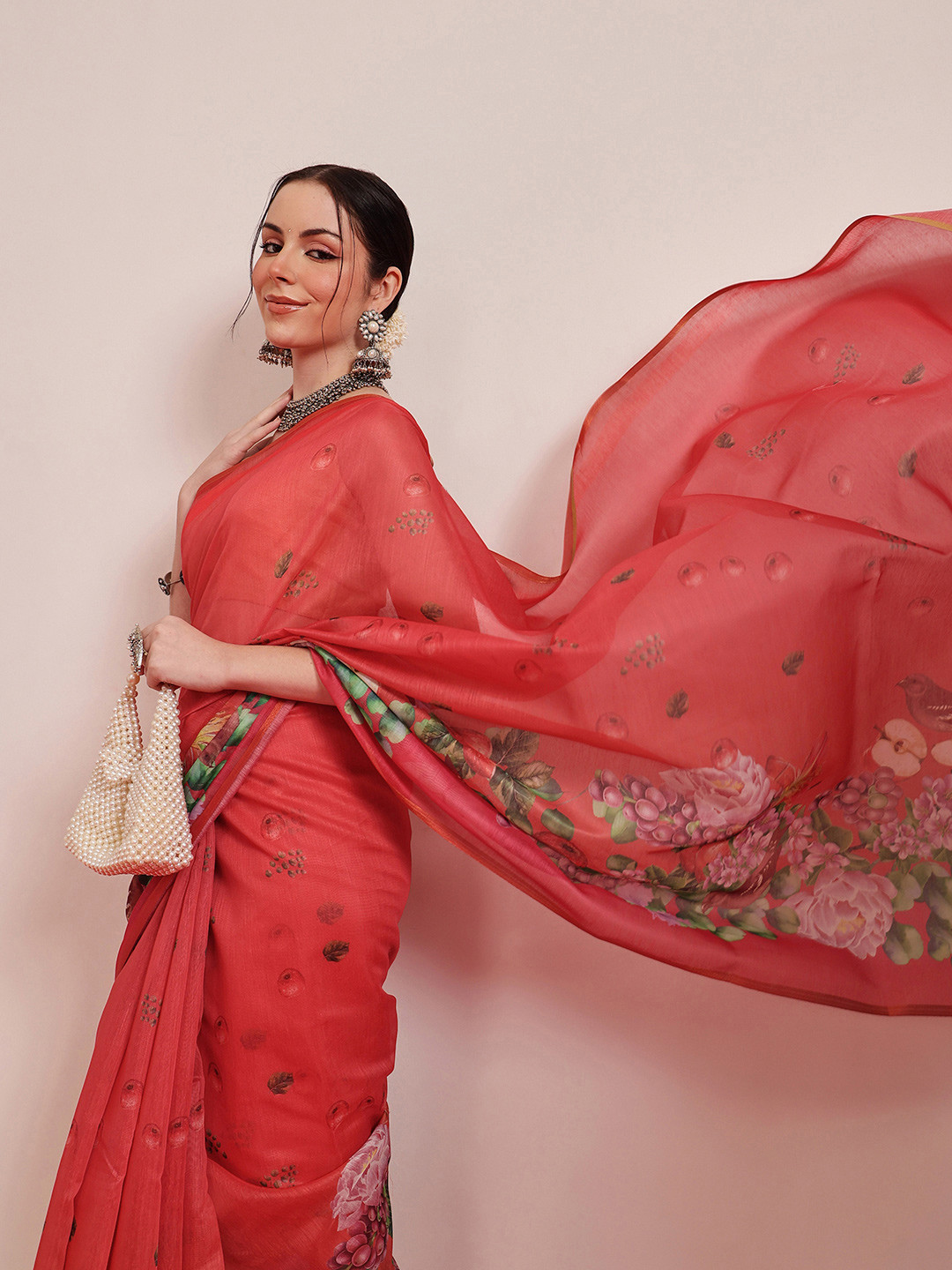 Silk Land Floral Digital Printed Chanderi Saree