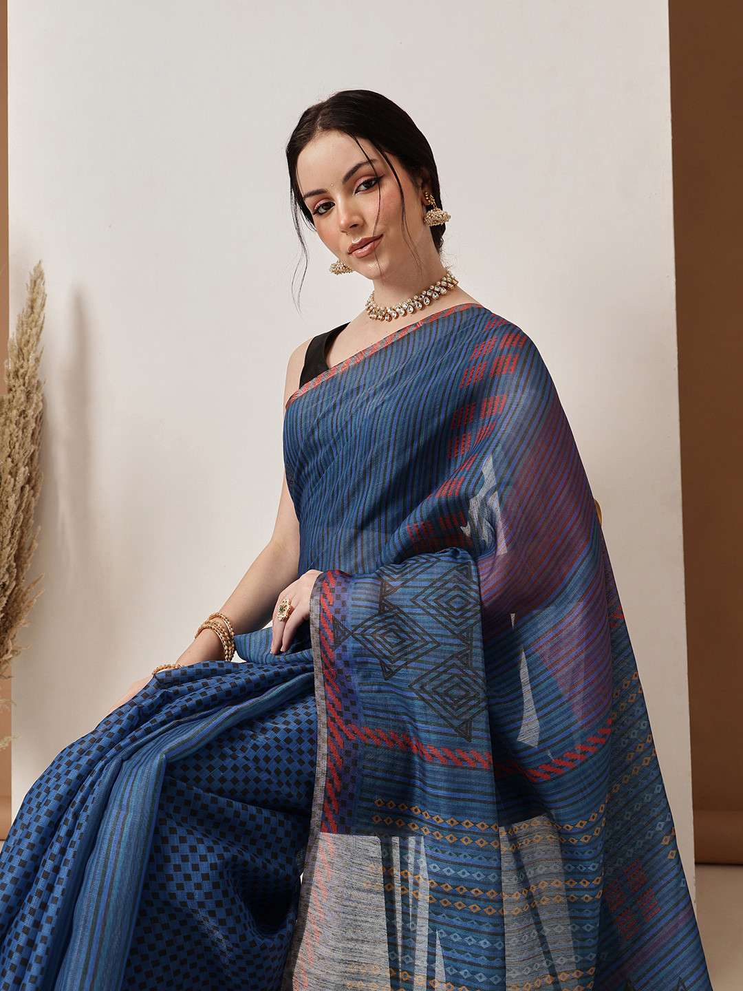Silk Land Striped Digital Printed Zari Saree