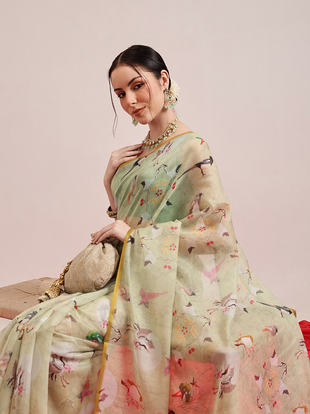 Silk Land Bird Digital Print Saree