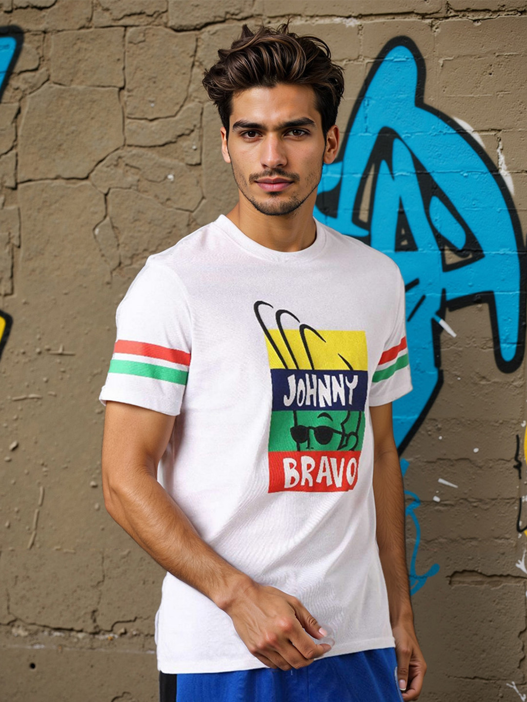 The Indian Garage Co Men Johnny Bravo Graphic Printed Round Neck Cotton Slim Fit T-shirt