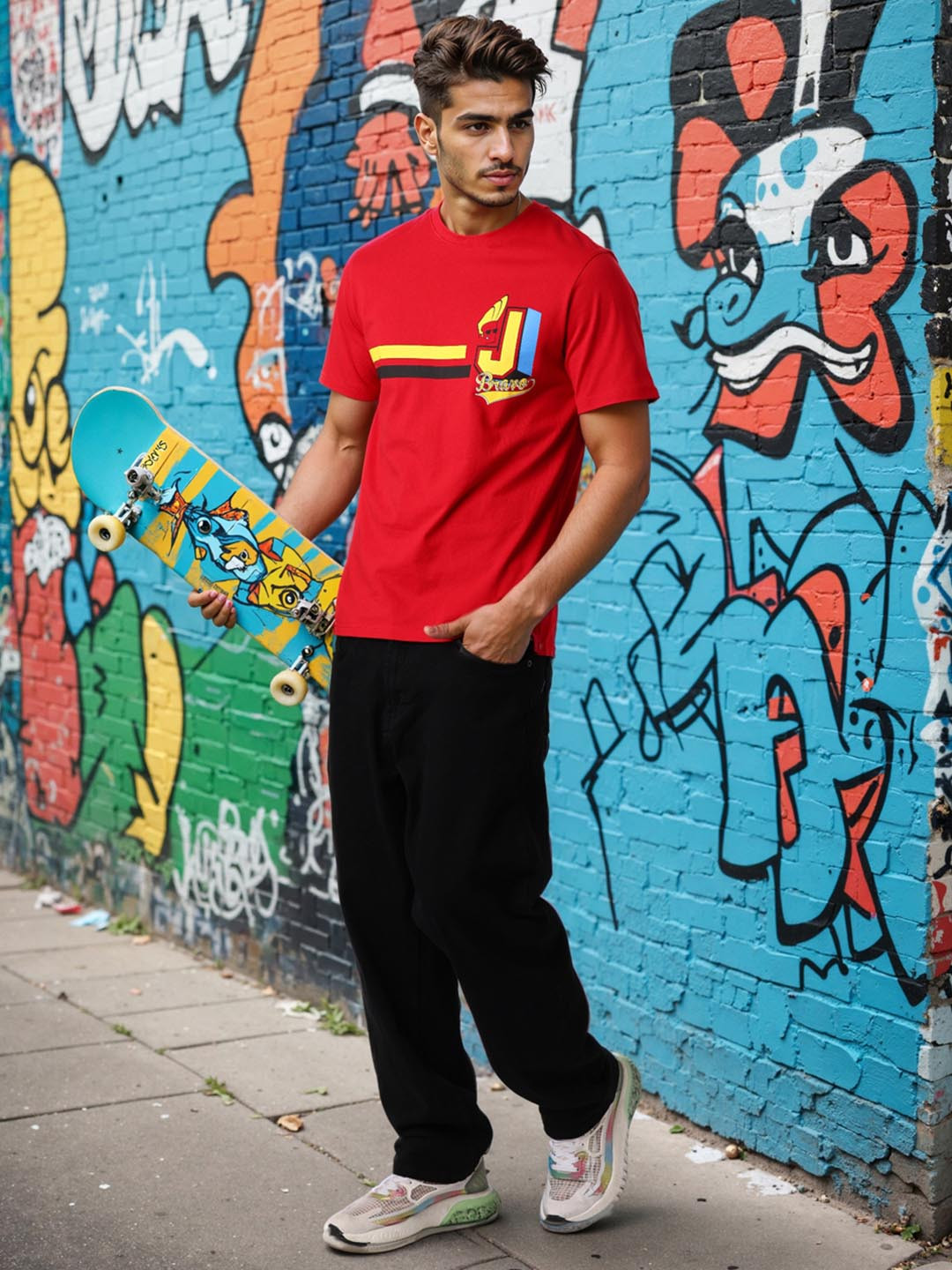 The Indian Garage Co Men Johnny Bravo Graphic Printed Round Neck Cotton Slim Fit T-shirt