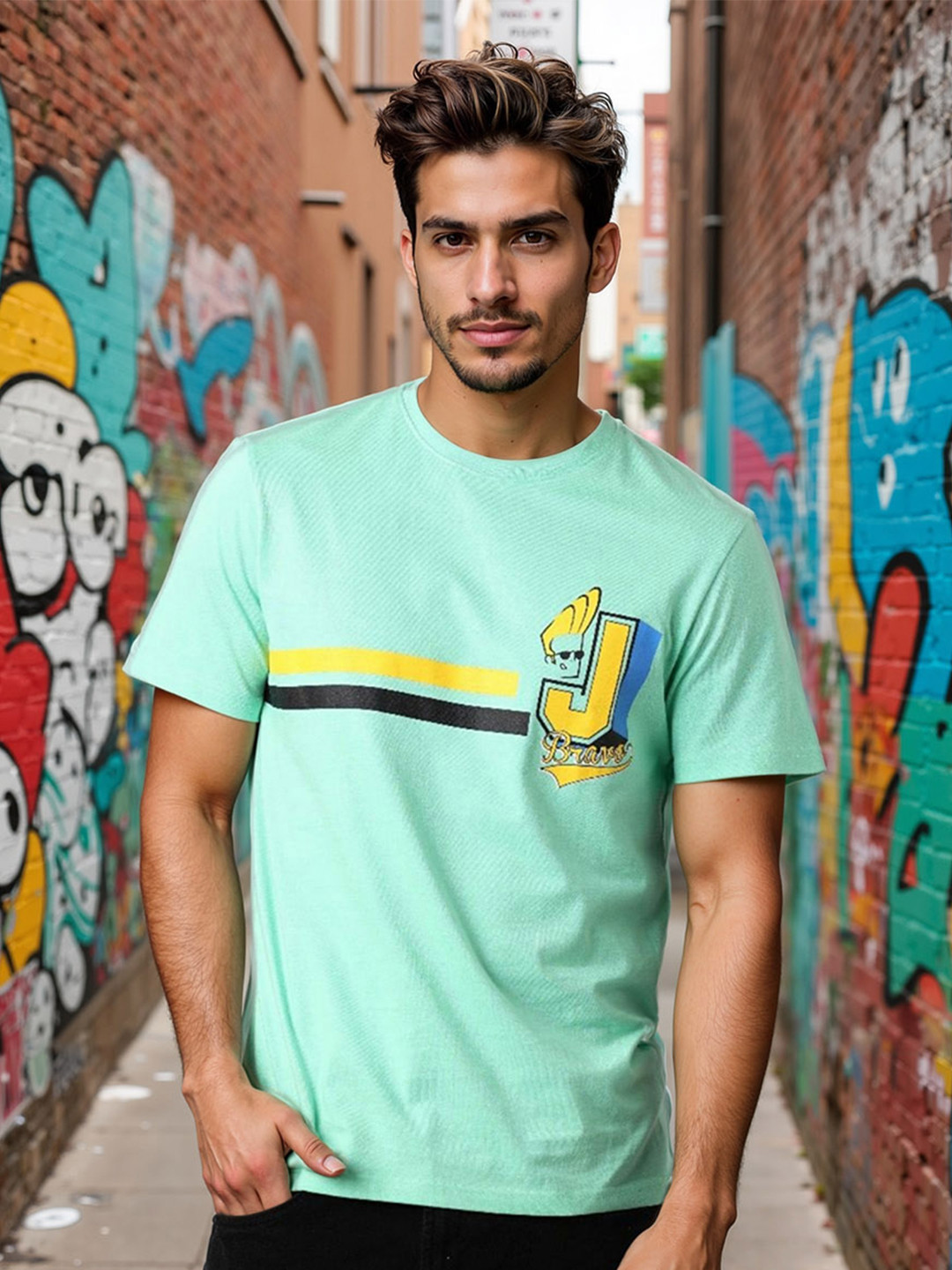 The Indian Garage Co Men Johnny Bravo Striped Round Neck Cotton Slim Fit T-shirt