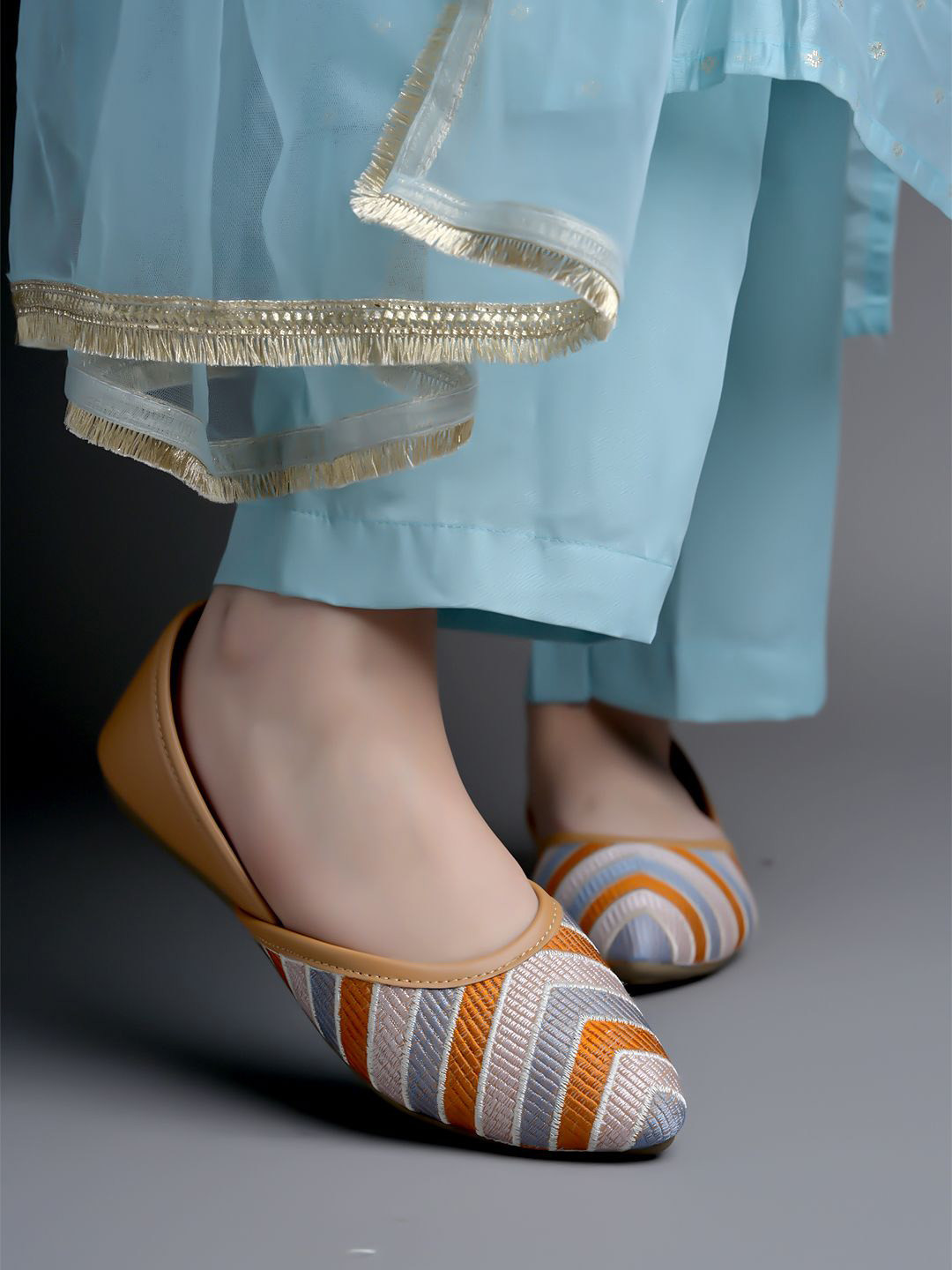 Shoetopia Woven Design Embroidered Pointed Toe Ballerinas