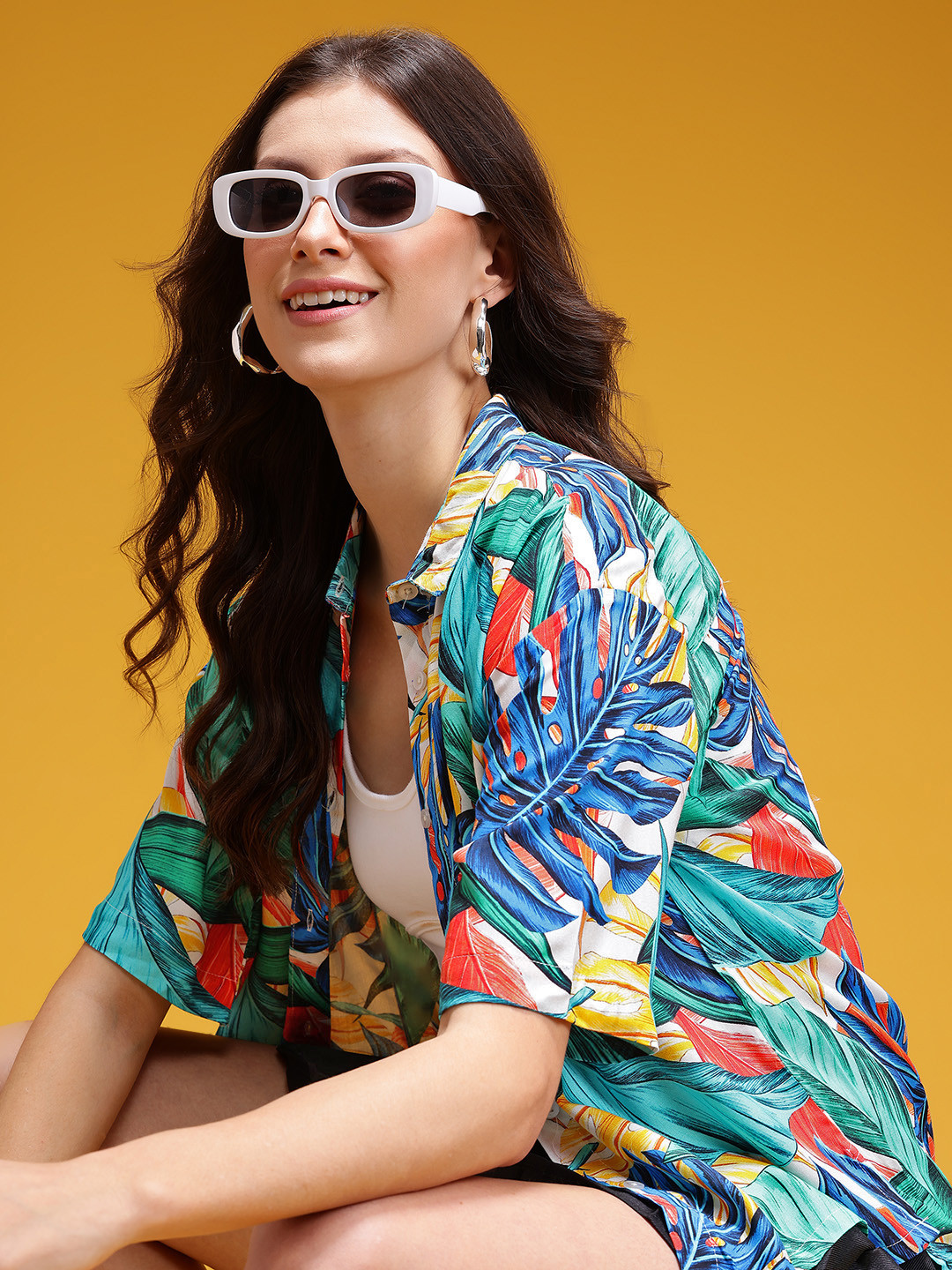 HERE&NOW Tropical Print High-Low Casual Relaxed Fit Shirt