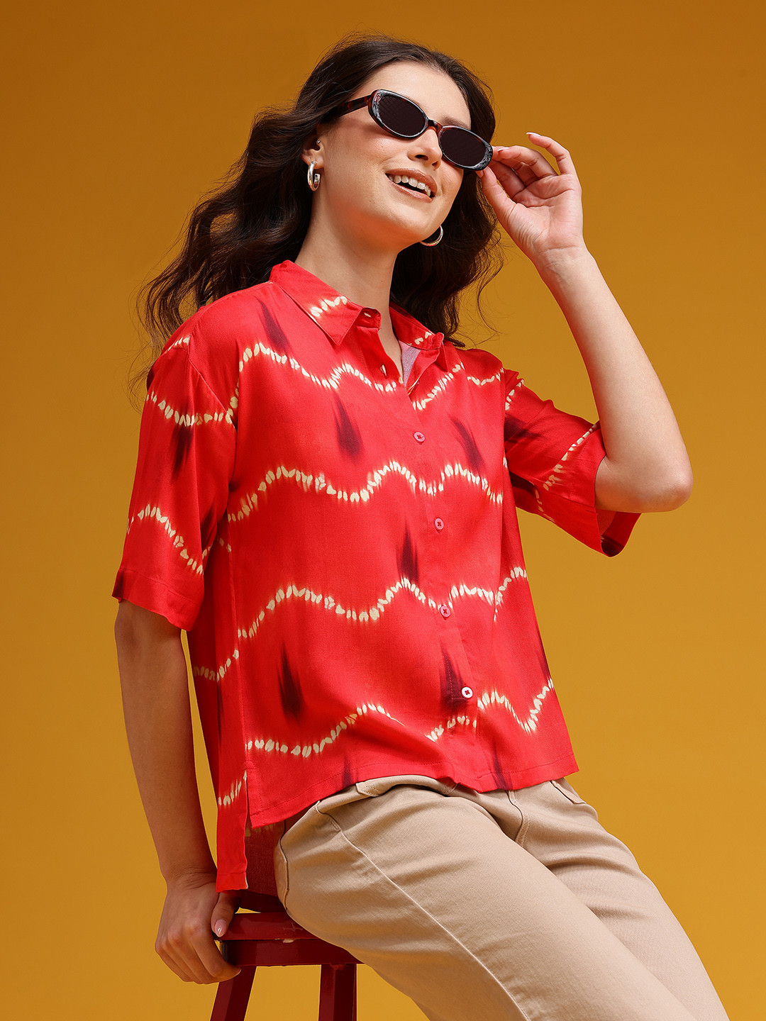 HERE&NOW Shibori Dyed Drop-Shoulder Sleeves High-Low Hem Relaxed Fit Shirt