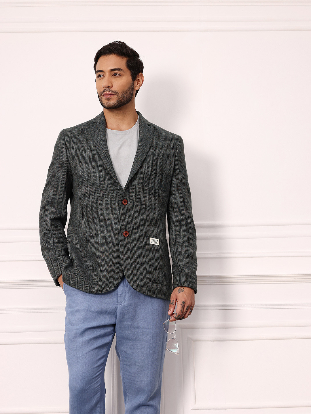 Mr Bowerbird Herringbone Weave Notched Lapel Single-Breasted Blazer