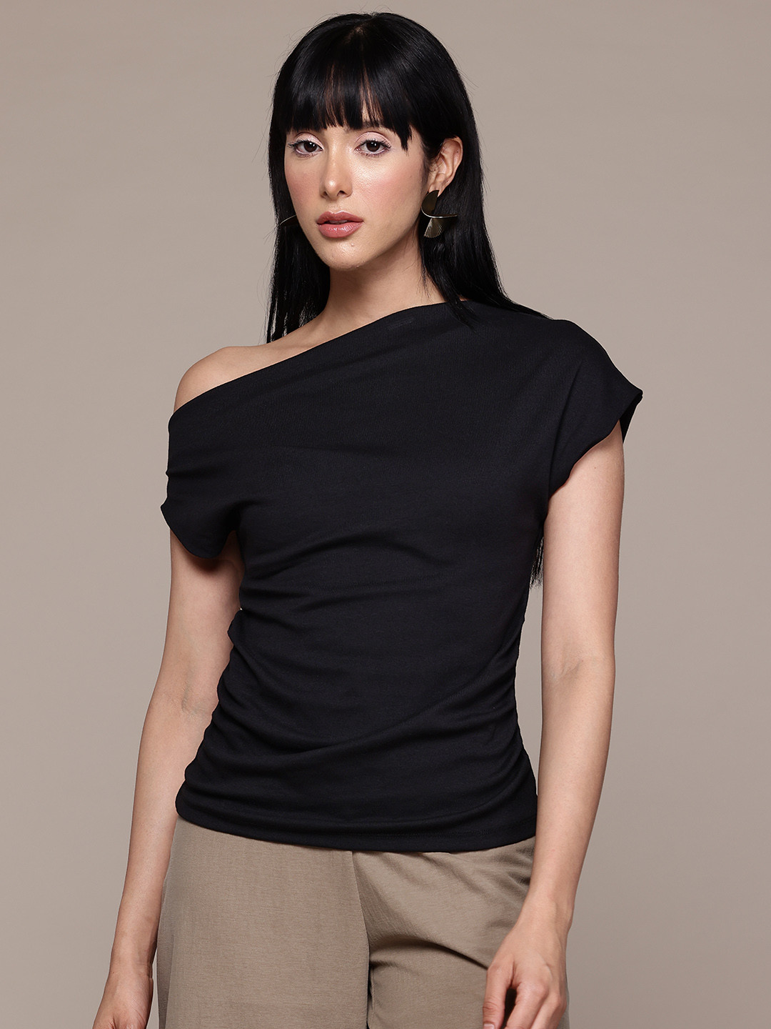 MANGO Ruched Asymmetric Neck Top