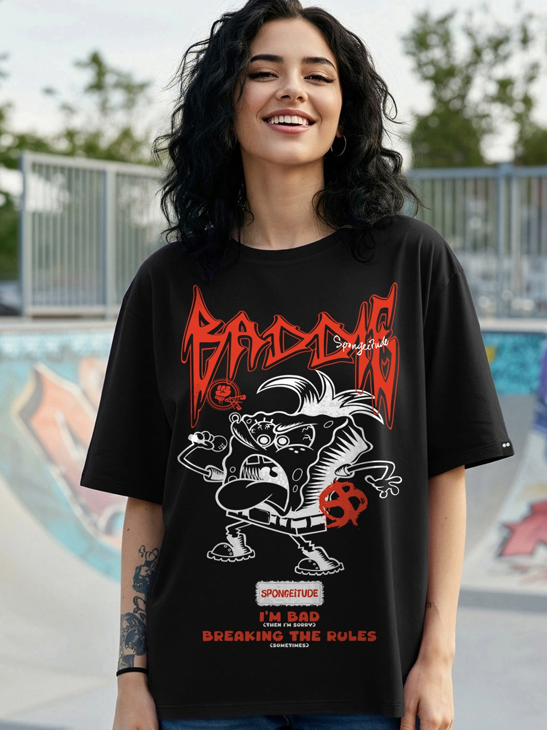 Bewakoof Heavy Duty Women Spongebob Graphic Printed Round Neck Cotton Oversized T-shirt