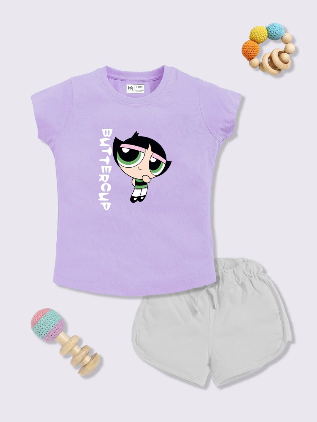 YK X Minute Mirth Girls Powerpuff G Printed Pure Cotton T-Shirt with Shorts