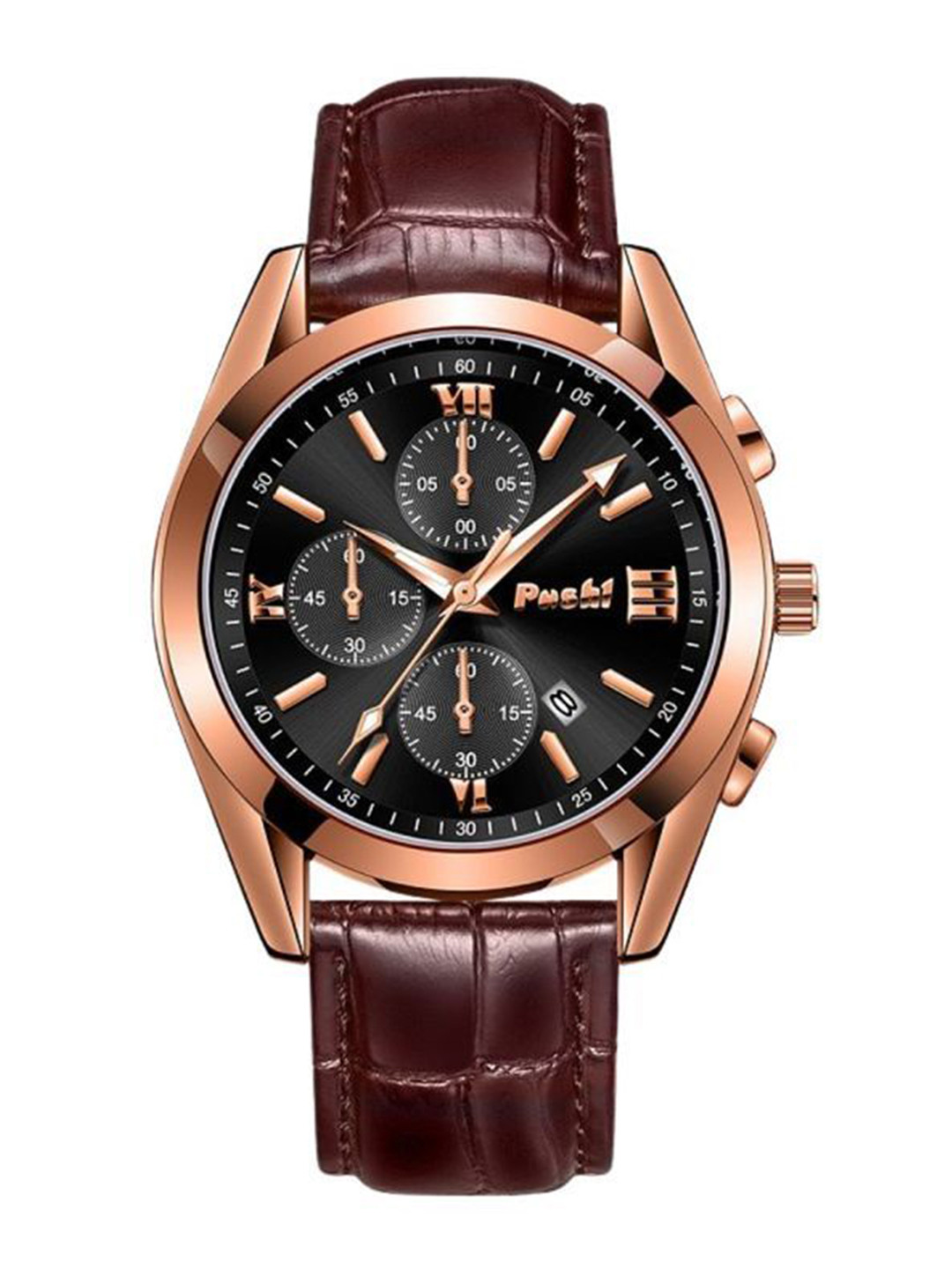 Poshi Men Leather Strap Round Dial Water Resistant Quartz Watch