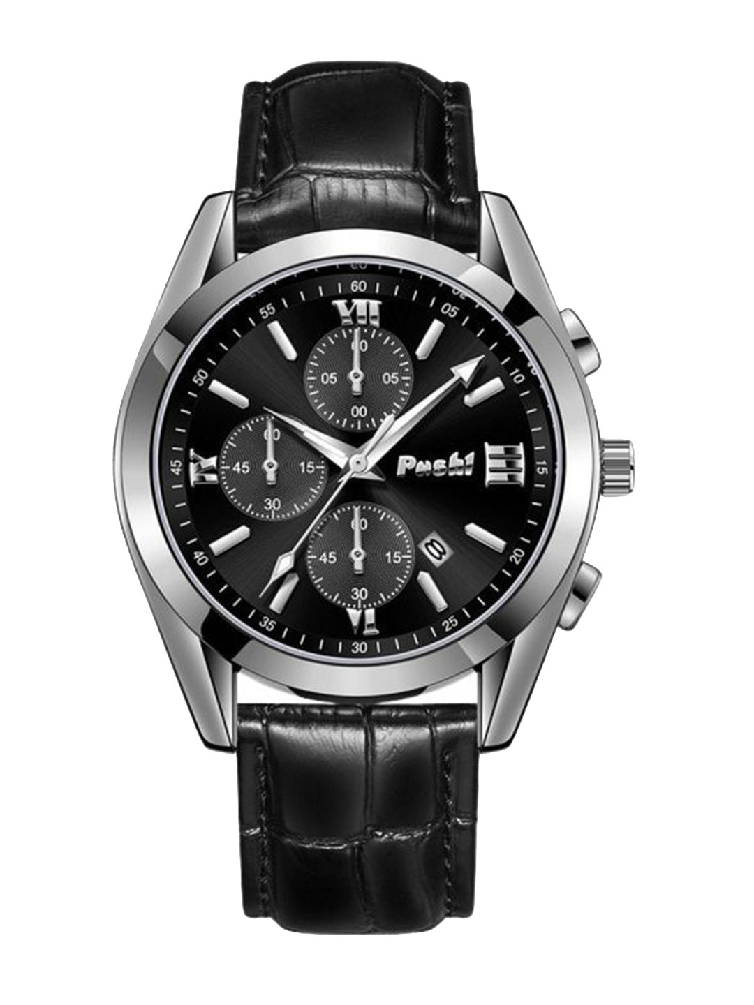 Poshi Men Leather Strap Round Dial Water Resistant Quartz Watch