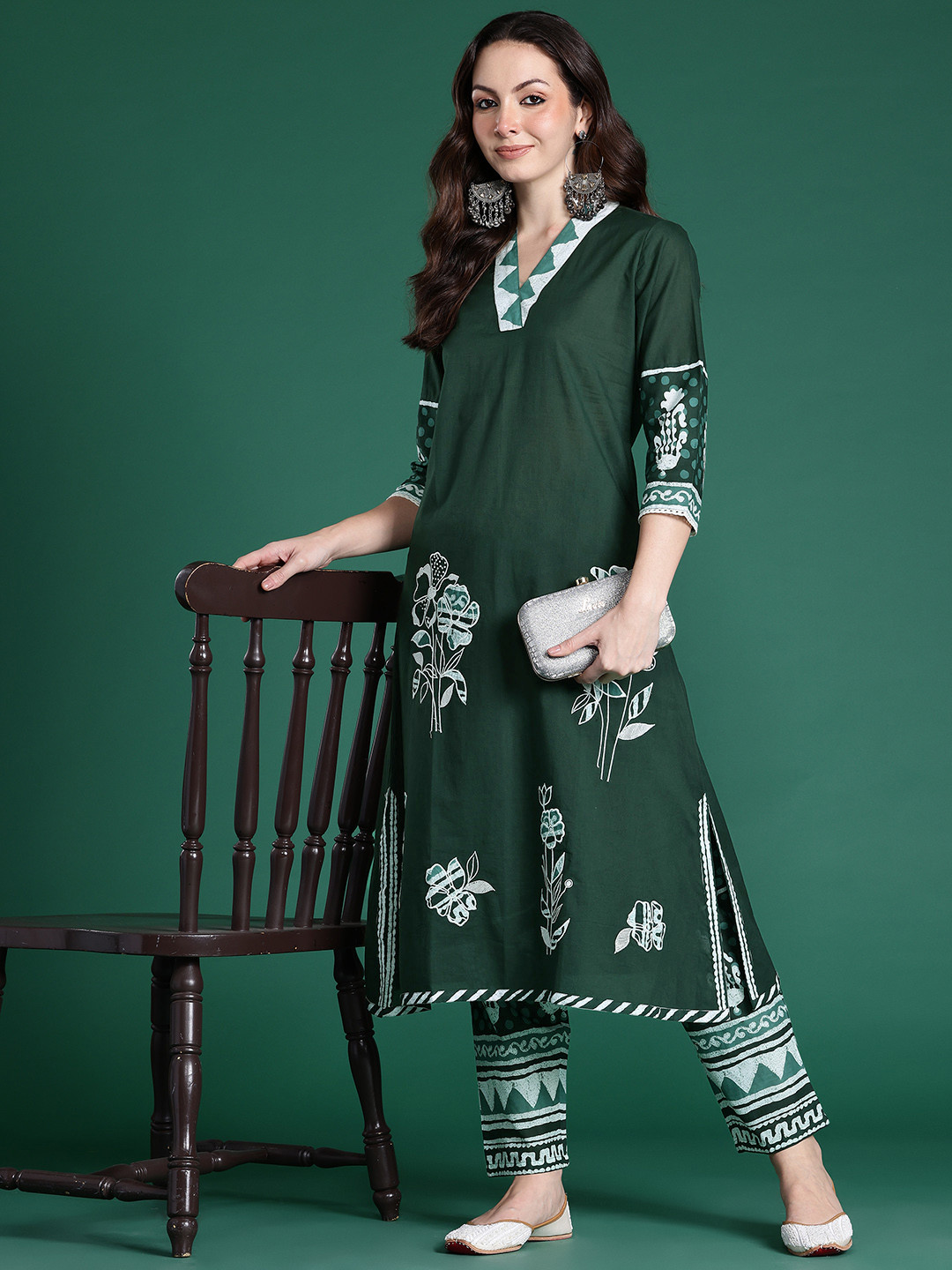 Indo Era Floral Printed Regular Pure Cotton Kurta with Trousers