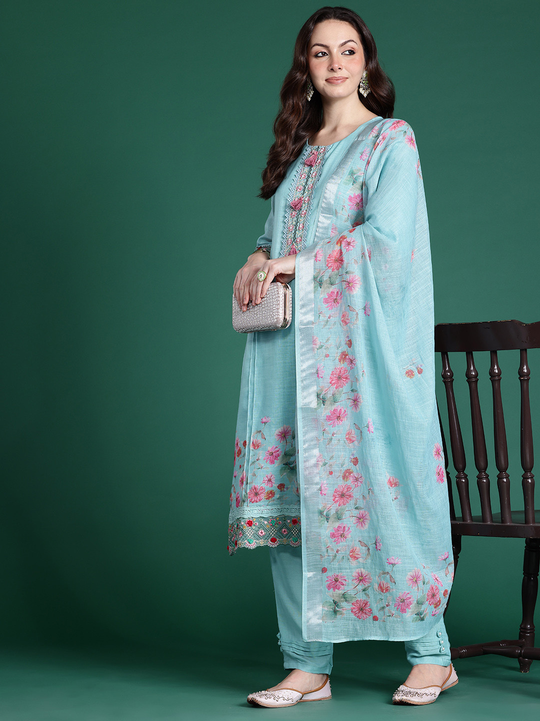 Indo Era Floral Embroidered Linen Kurta with Trousers & Dupatta