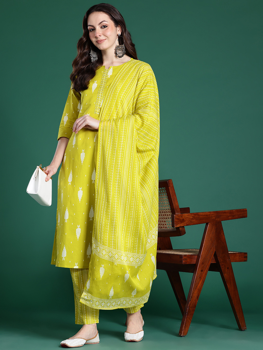 Indo Era Geometric Printed Sequinned Pure Cotton Kurta with Trousers & Dupatta