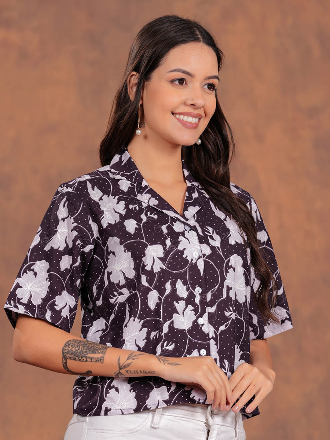 Zenava by Myntra Women Printed Cotton Shirt Style Crop Top