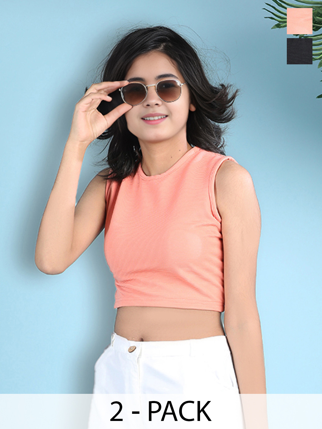 Cutiekins Girl's  Pack Of 2  Ribbed Round Neck Cotton Tank Crop Top With Cut Out