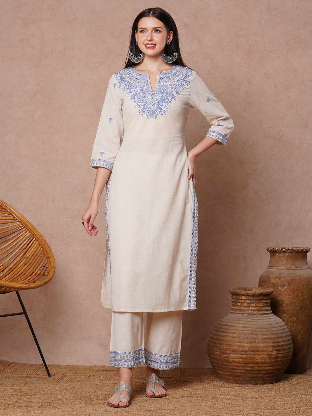 FASHOR Embroidered Notch Neck Cotton Flax Tunic with Palazzos