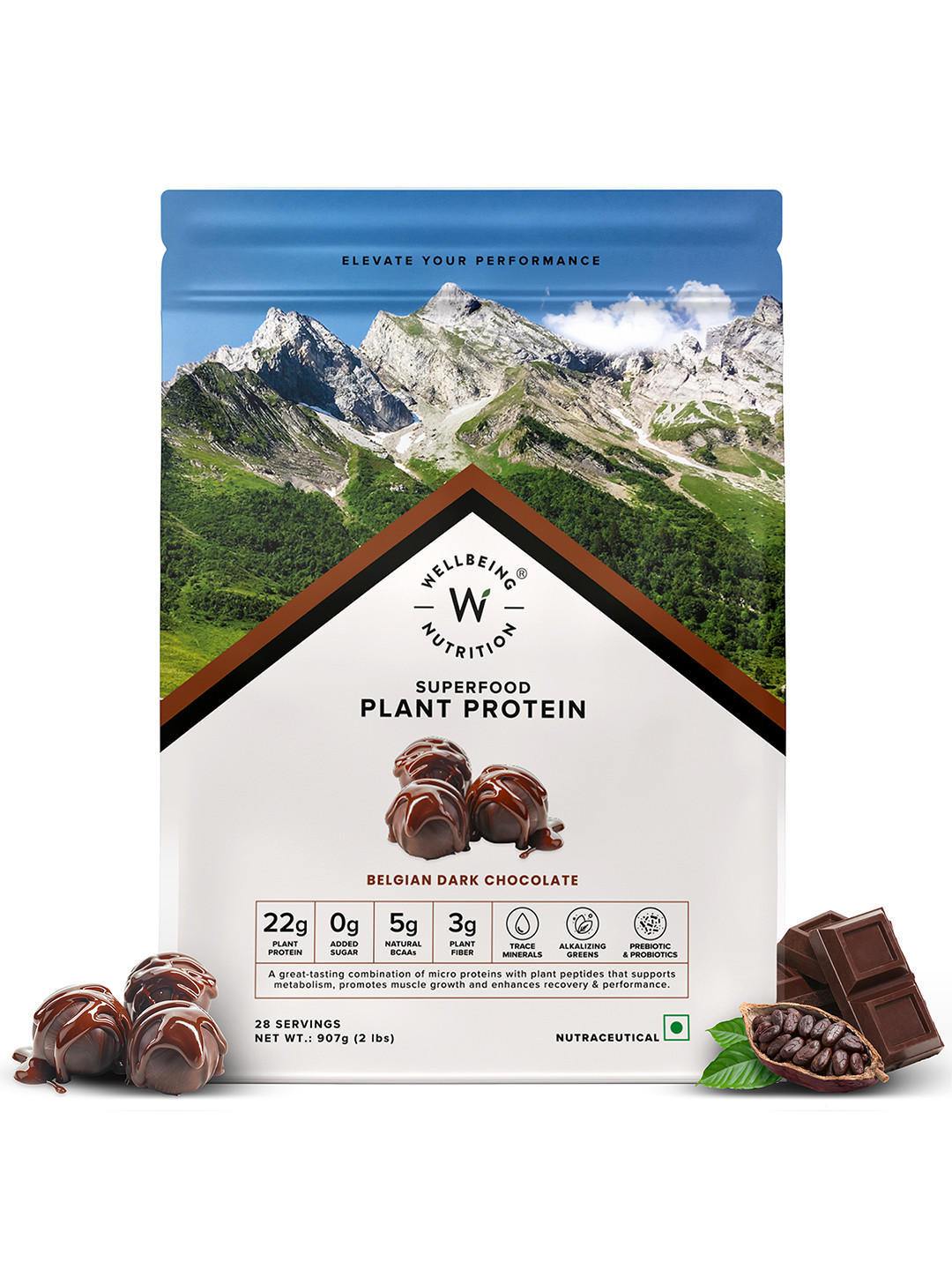 Wellbeing Nutrition Organic Vegan Plant Protein Isolate - 907 g -Belgian Dark Chocolate