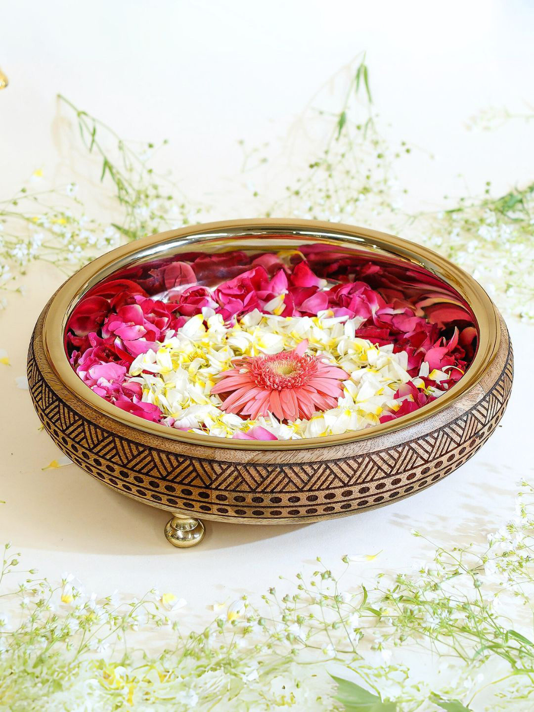 BEHOMA Brown & Black Boho Engraved Wooden Round Decorative Bowl