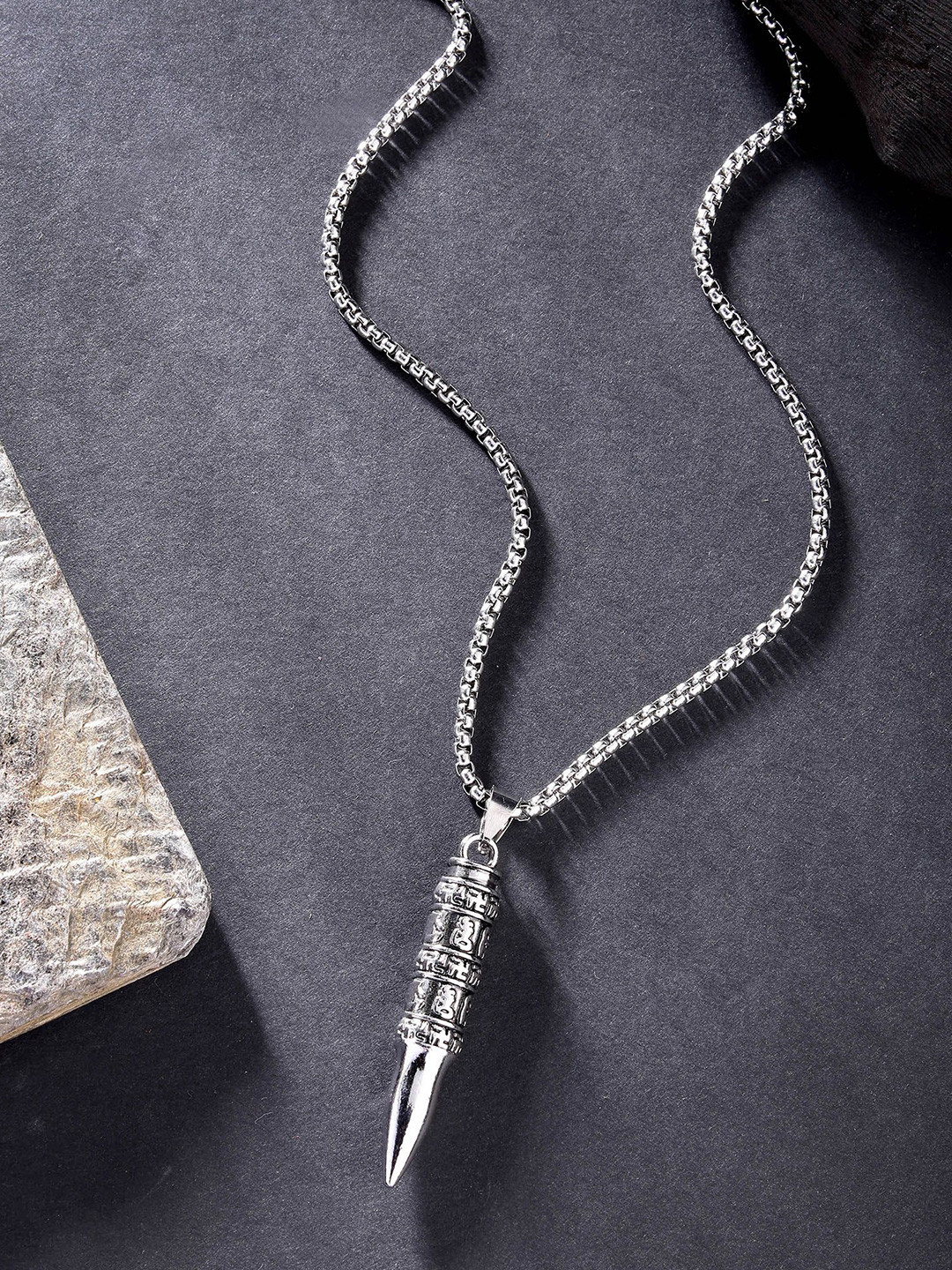 The Roadster Lifestyle Co. Men Stainless Steel Silver-Plated Carved Bullet Pendant & Chain