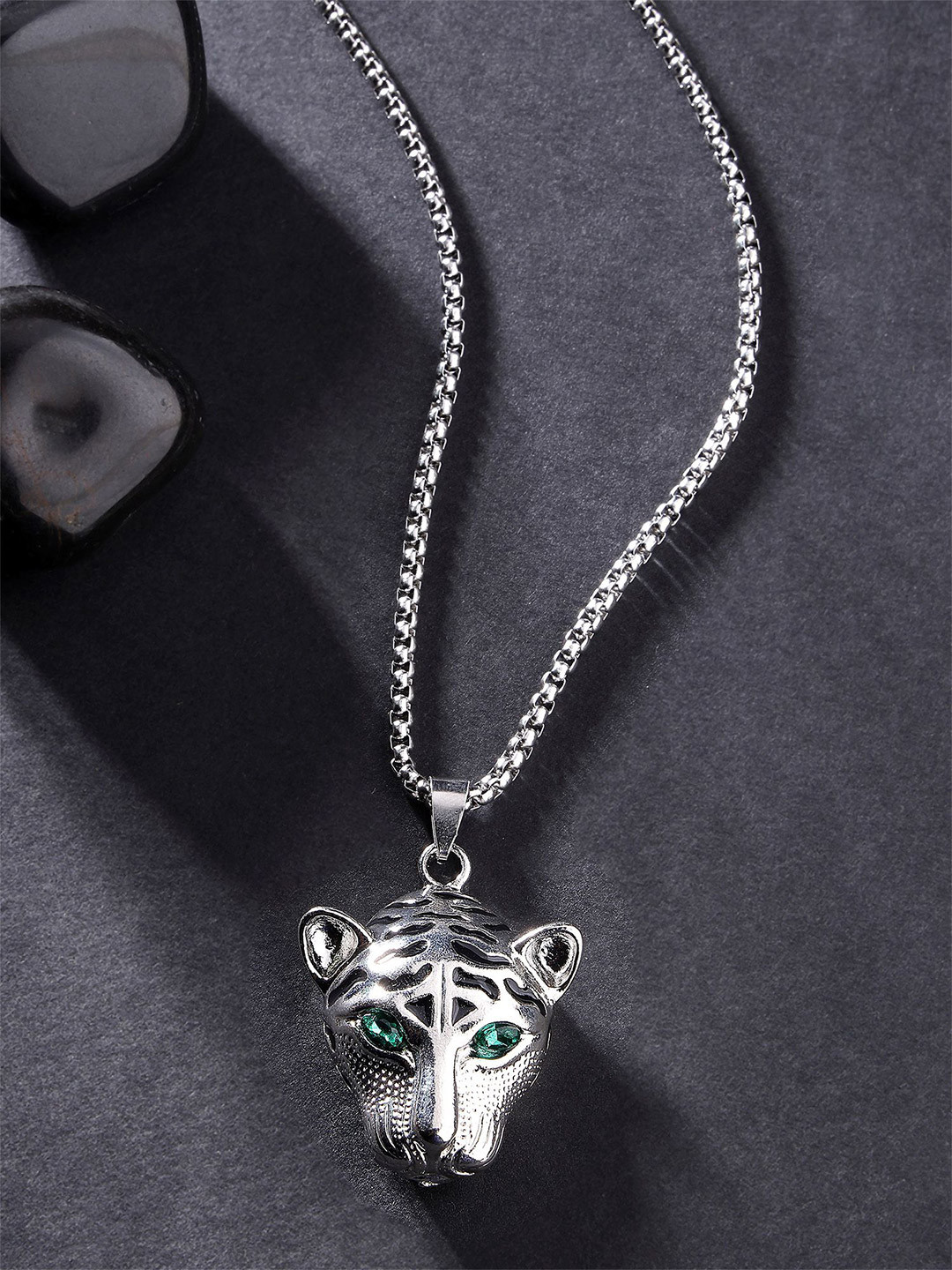 The Roadster Lifestyle Co. Men Stainless Steel Silver-Plated Tiger Eye Pendant With Chain