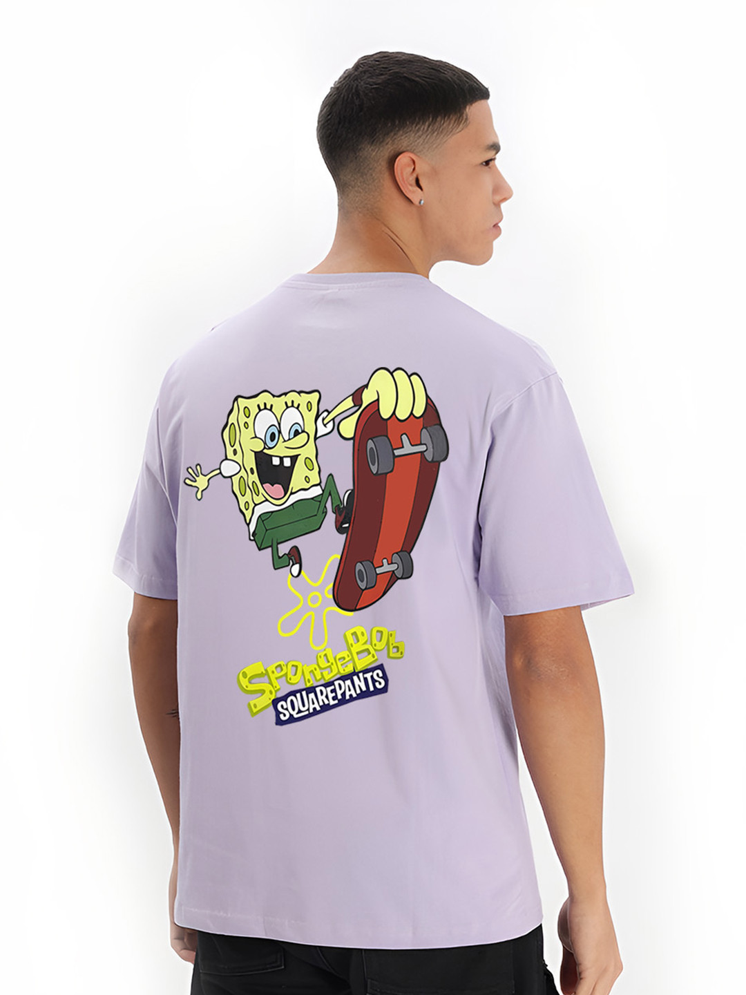 BDSQUARE Men Spongebob Graphic Printed Round Neck Cotton Oversized T-shirt