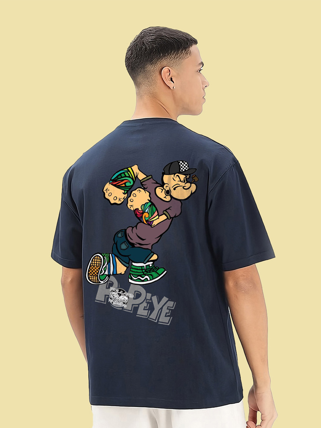 BDSQUARE Men Popeye Graphic Printed Round Neck Cotton Oversized T-shirt