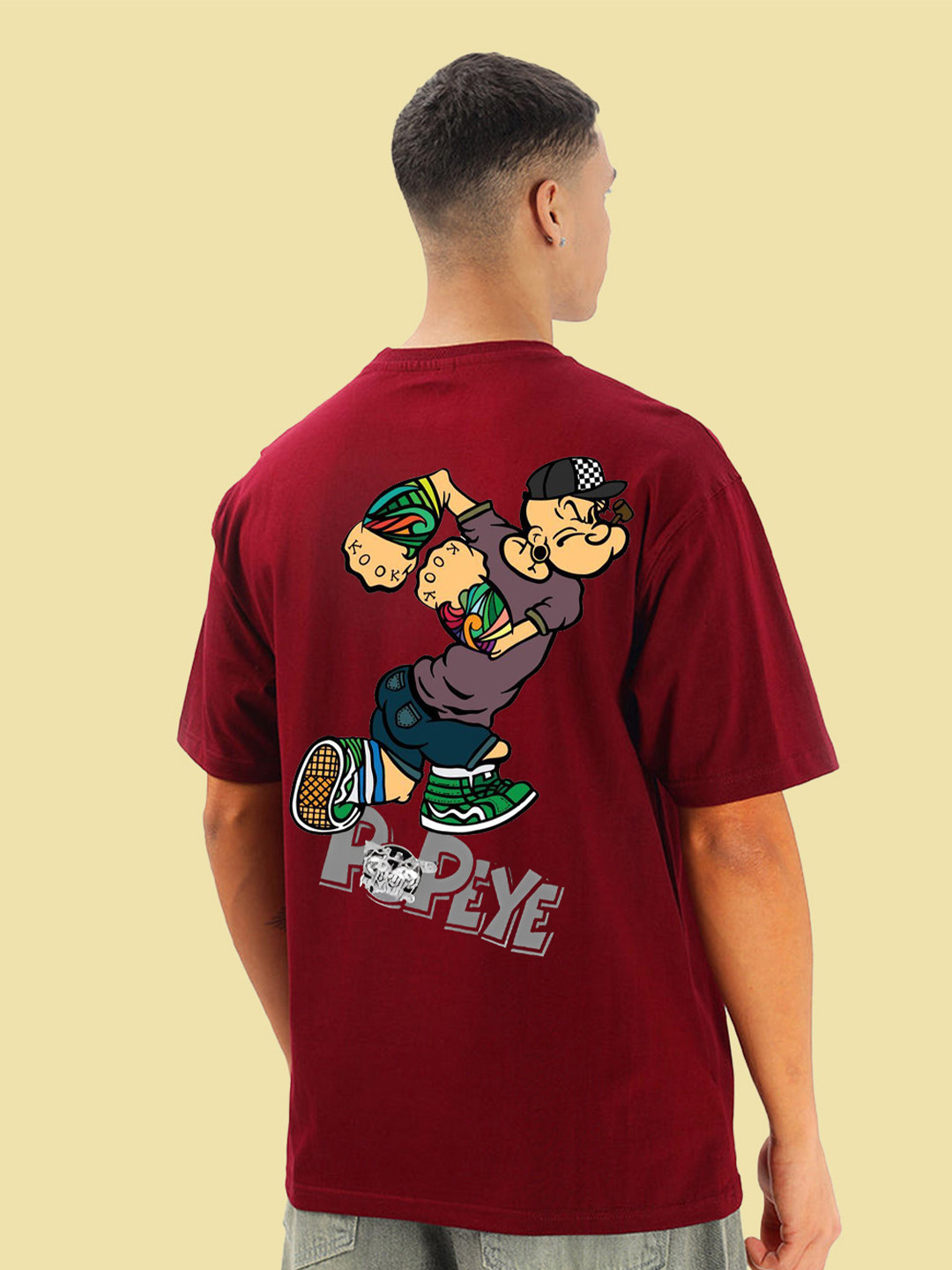 BDSQUARE Men Popeye Graphic Printed Round Neck Cotton Oversized T-shirt
