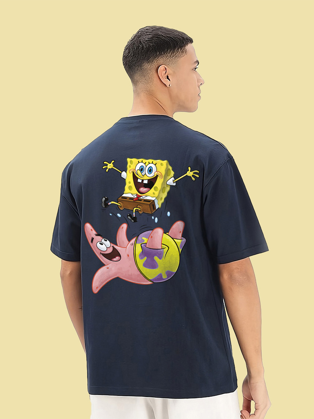 BDSQUARE Men Spongebob Graphic Printed Round Neck Cotton Oversized T-shirt