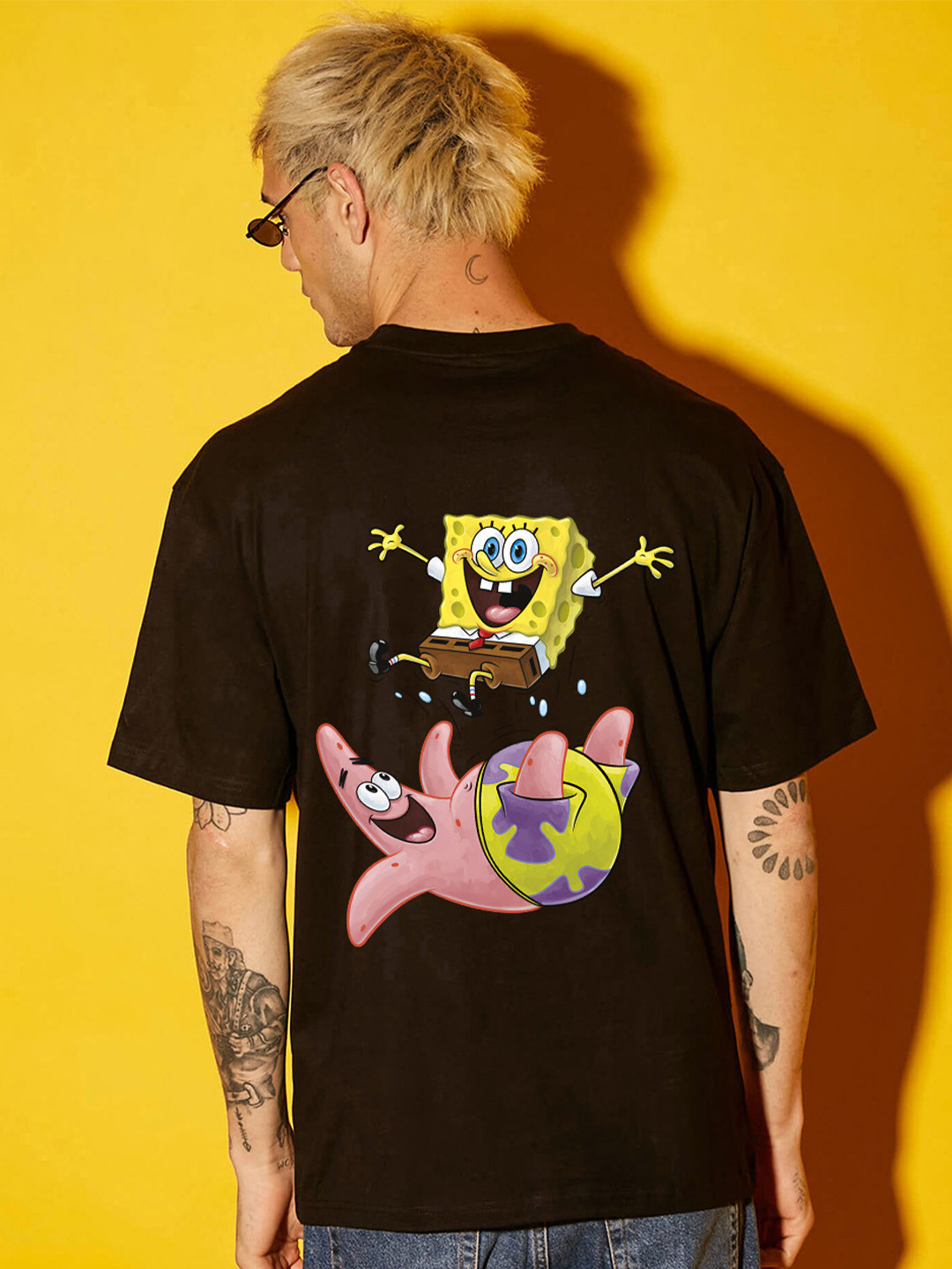 BDSQUARE Men Spongebob Graphic Printed Round Neck Cotton T-shirt