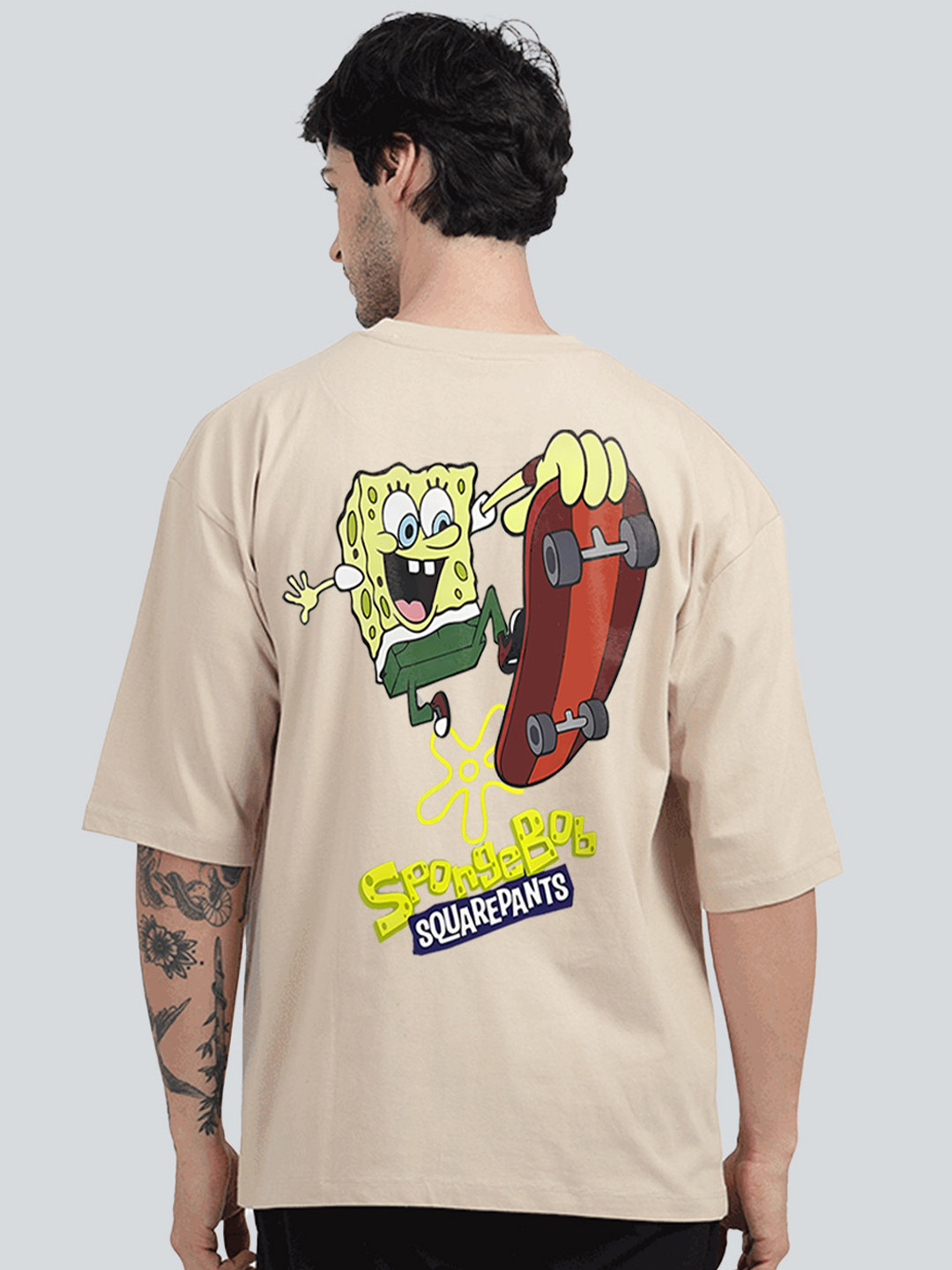 BDSQUARE Men Spongebob Graphic Printed Round Neck Cotton Oversized T-shirt