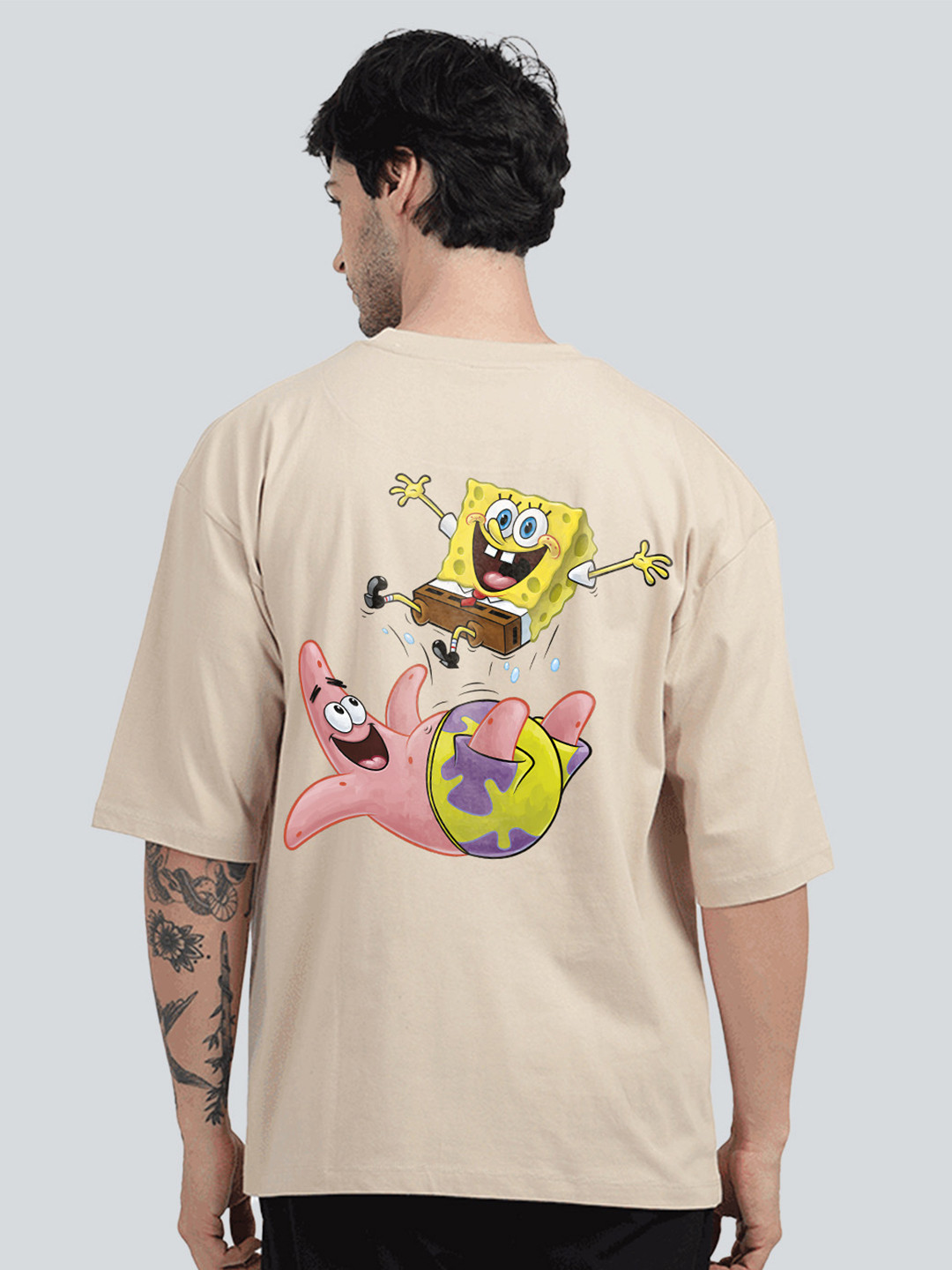 BDSQUARE Men Spongebob Graphic Printed Round Neck Cotton Oversized T-shirt
