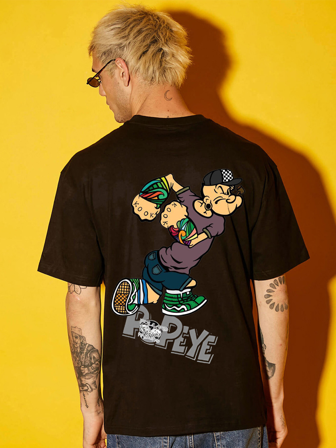 BDSQUARE Men Popeye Graphic Printed Round Neck Cotton T-shirt